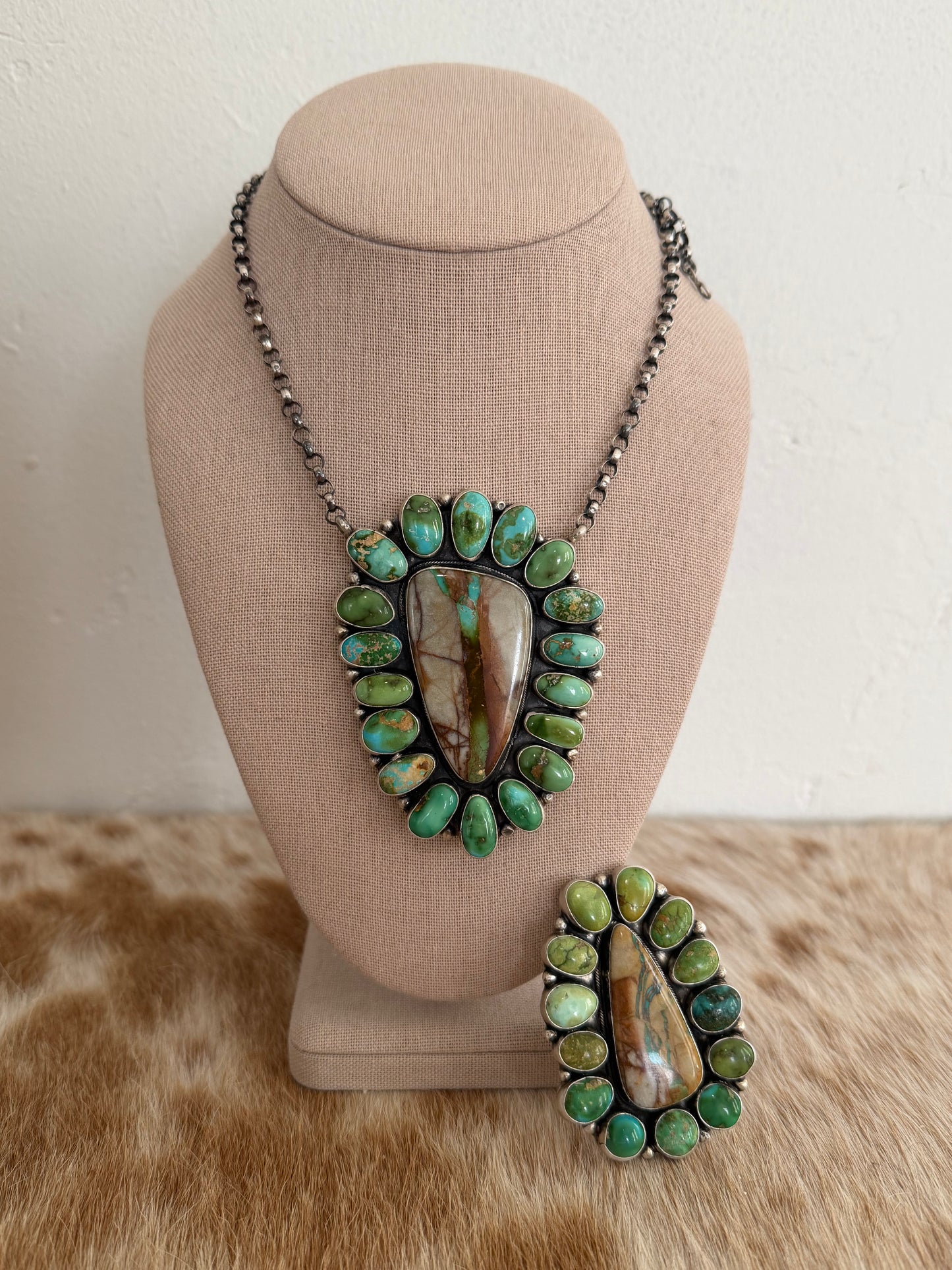 ELLA PETER Sonoran Gold and Royston Ribbon Turquoise Cluster Necklace and Size 6 Ring Set