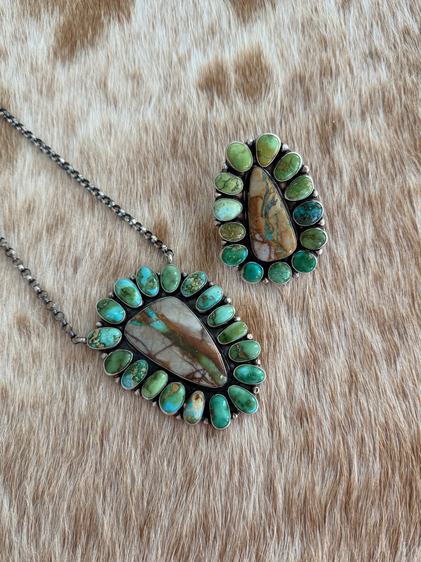 ELLA PETER Sonoran Gold and Royston Ribbon Turquoise Cluster Necklace and Size 6 Ring Set