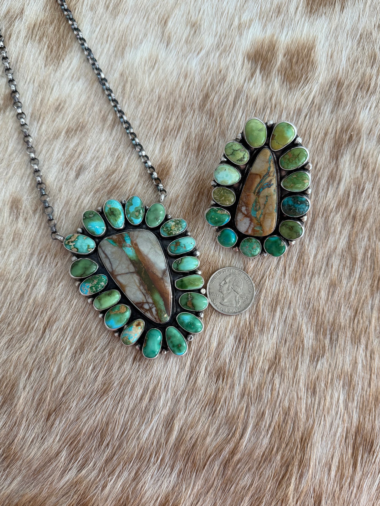 ELLA PETER Sonoran Gold and Royston Ribbon Turquoise Cluster Necklace and Size 6 Ring Set