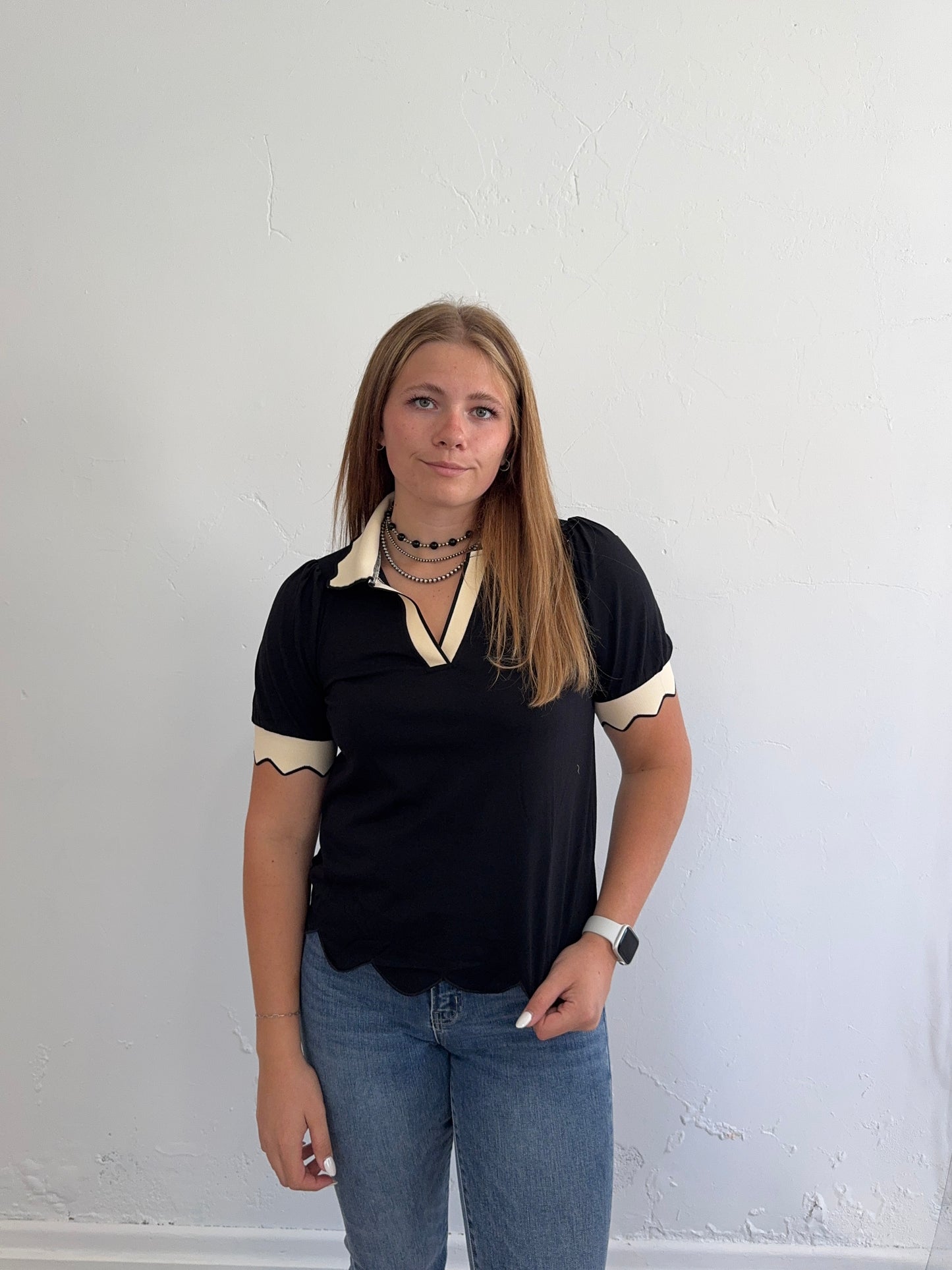 Black and Cream V Neck Puff Sleeve Blouse