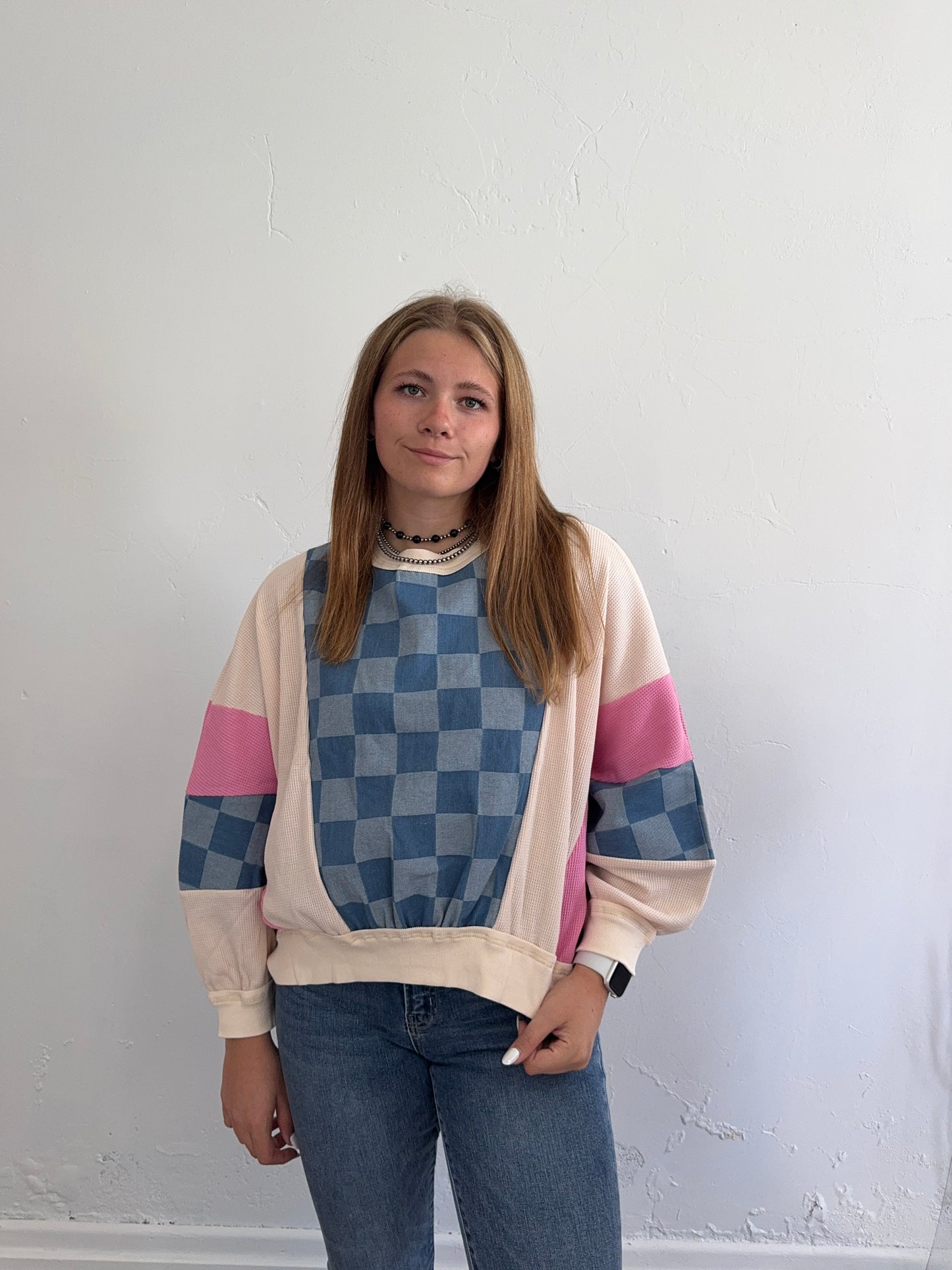 Multicolored Denim Checkered Crewneck Sweatshirt