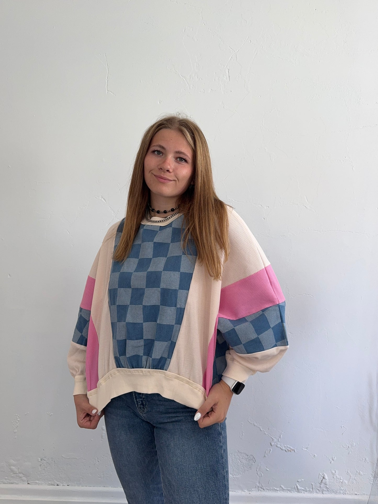 Multicolored Denim Checkered Crewneck Sweatshirt