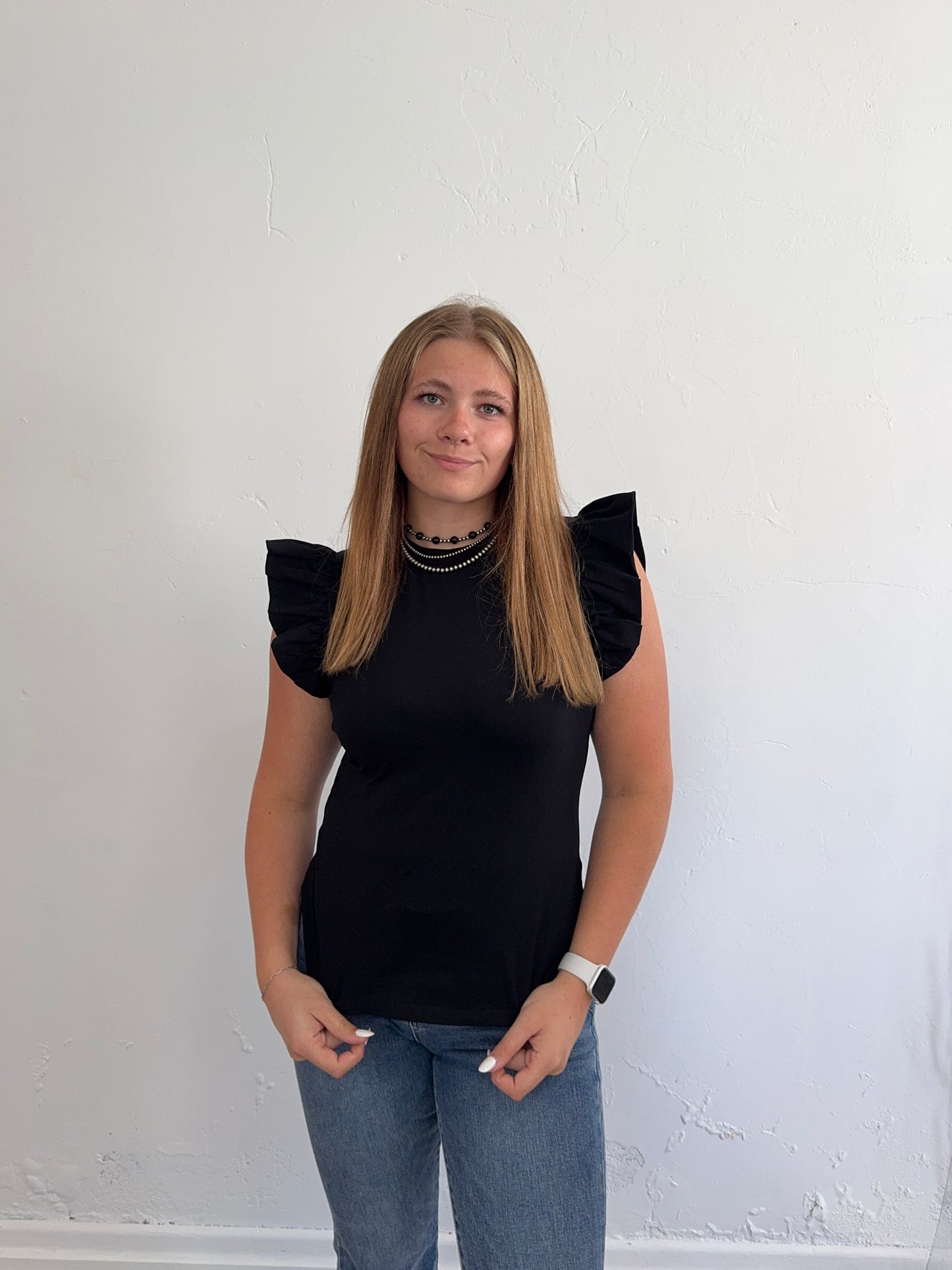 Black Ruffle Sleeve Fitted Top