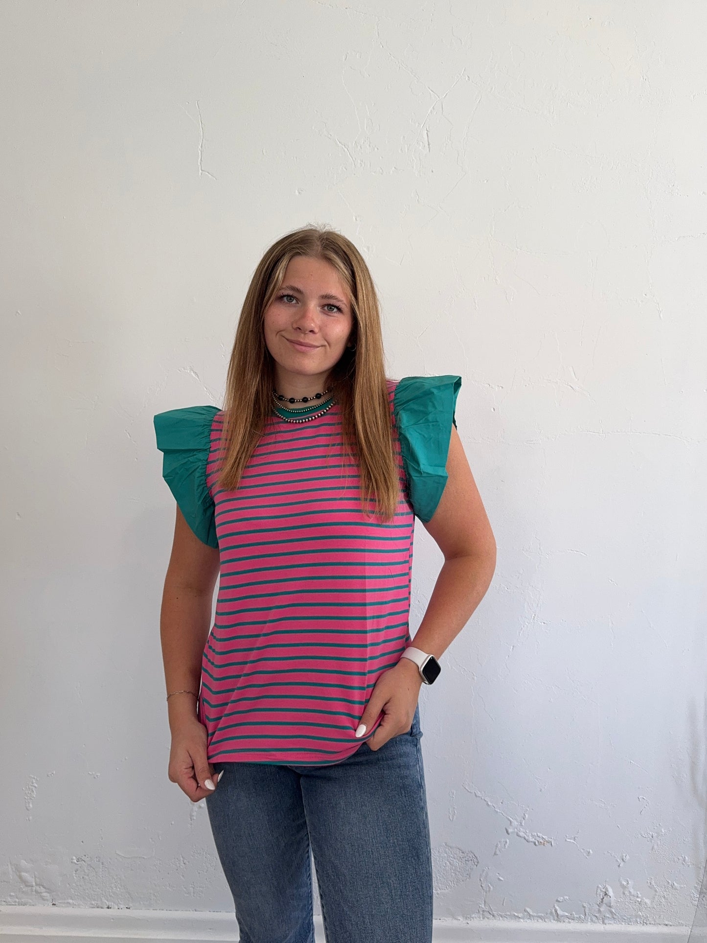 Pink and Teal Striped Ruffle Sleeve Top