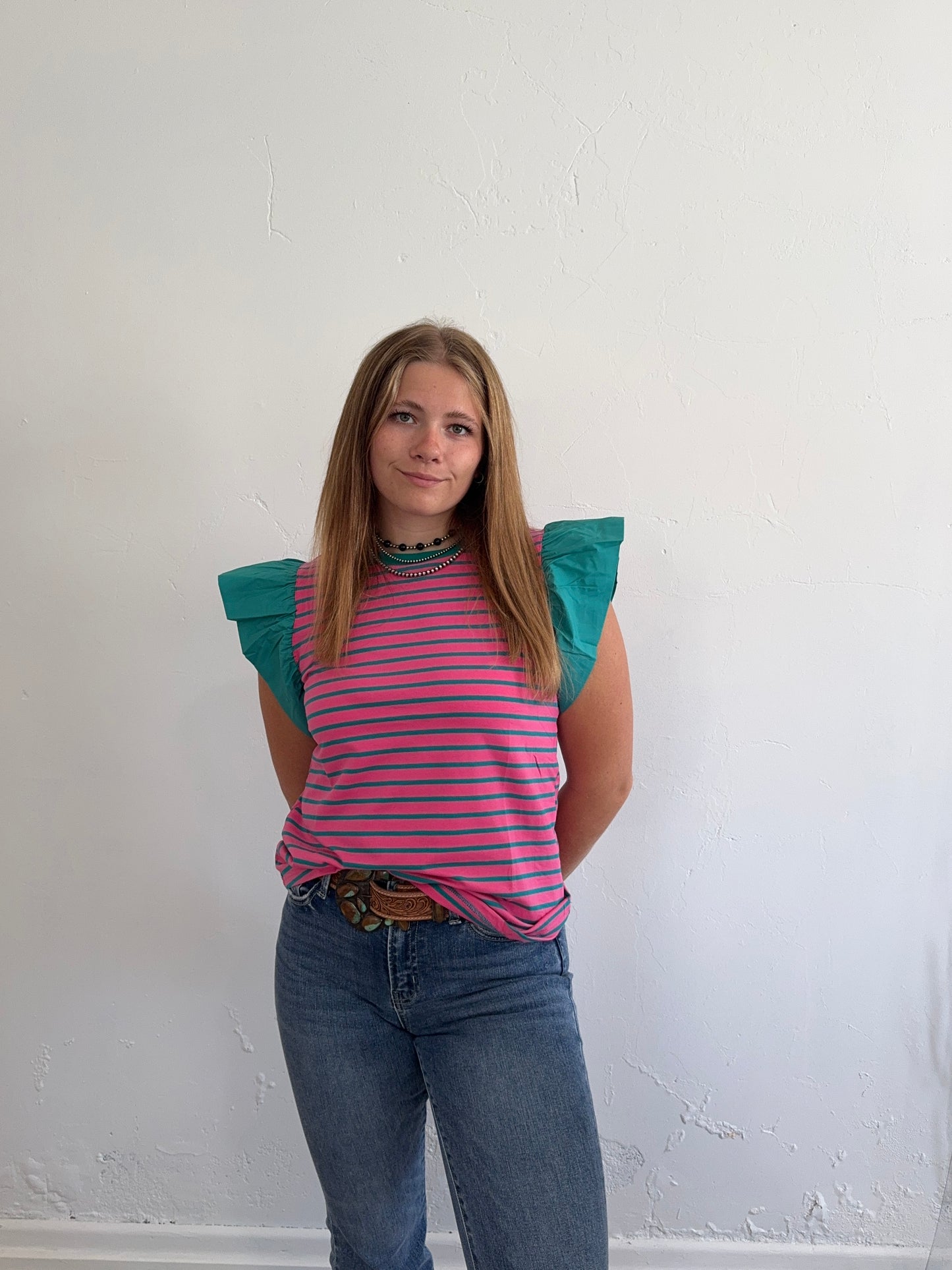 Pink and Teal Striped Ruffle Sleeve Top