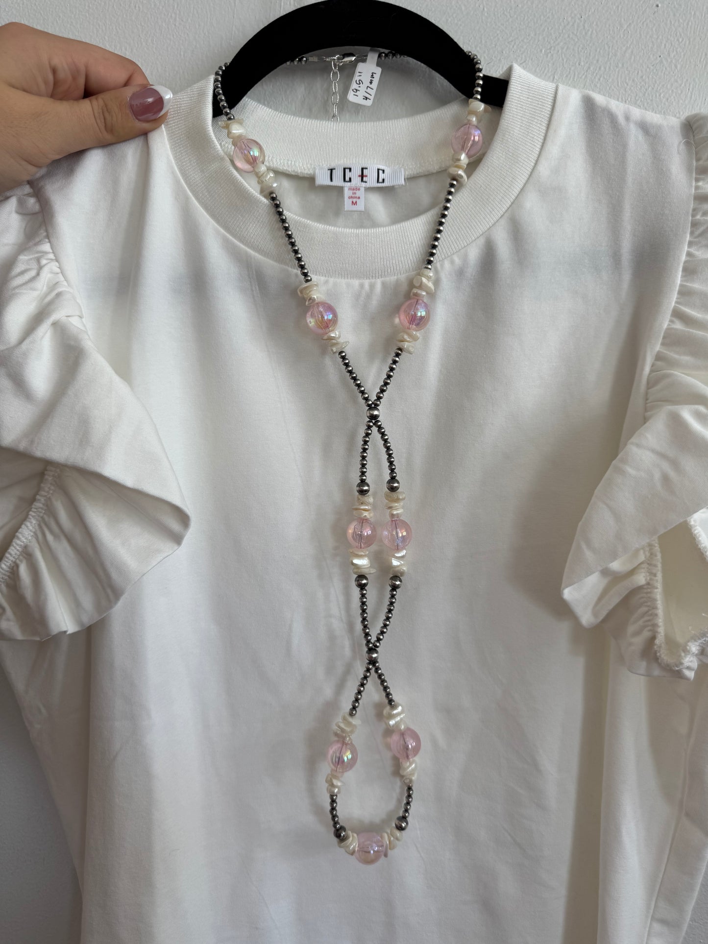 Pink and White Statement Hoop Lariat