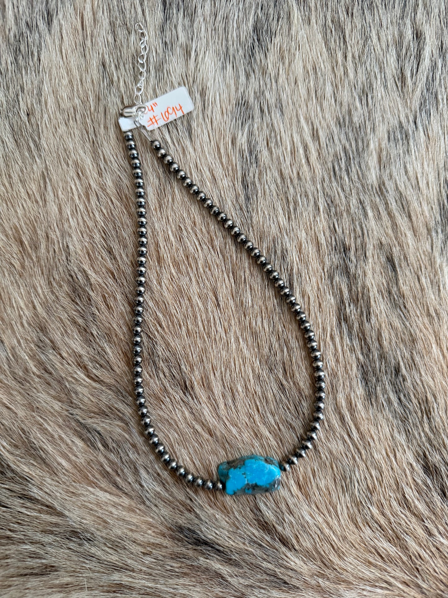 14" 4mm Sterling Pearl and Kingman Turquoise Slab Necklace
