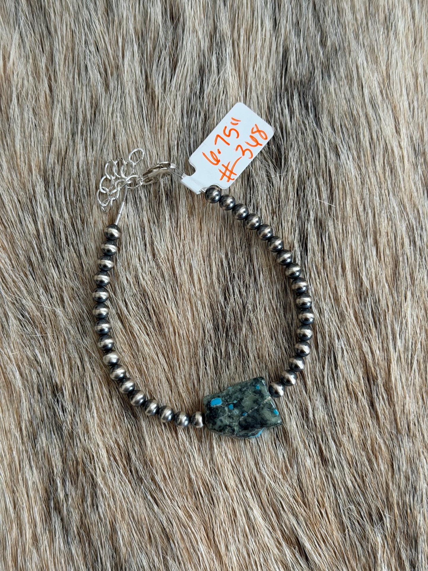 6.75" 4mm Sterling Pearl and Kingman Turquoise Slab Bracelet