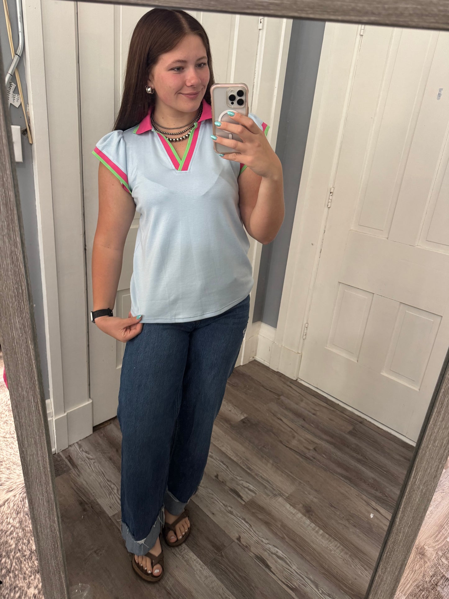 Blue Multicolor Collared Top