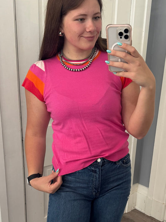 Pink Multicolored Fitted Sweater Tee