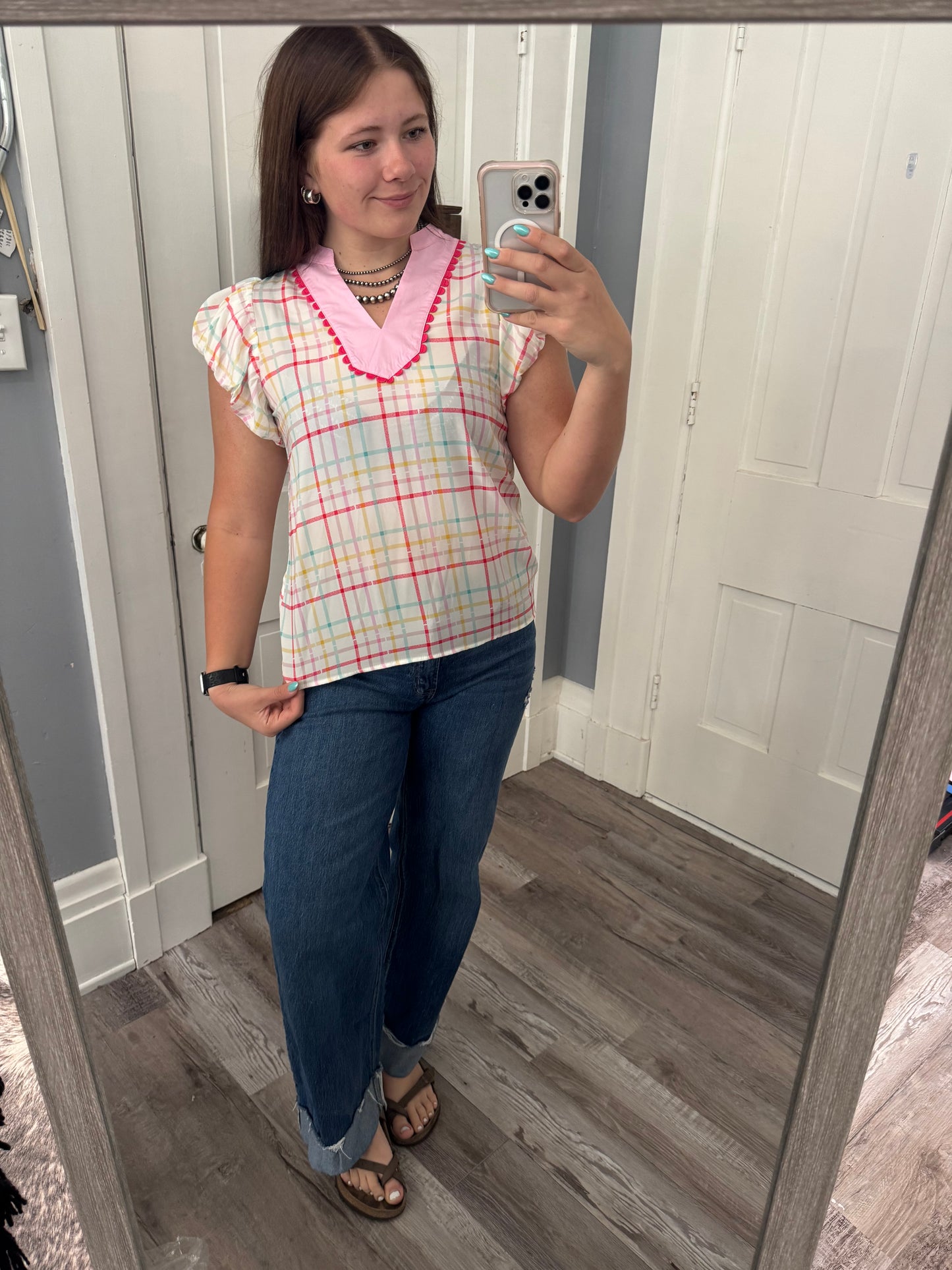 Multicolored V Neck Ruffle Sleeve Top