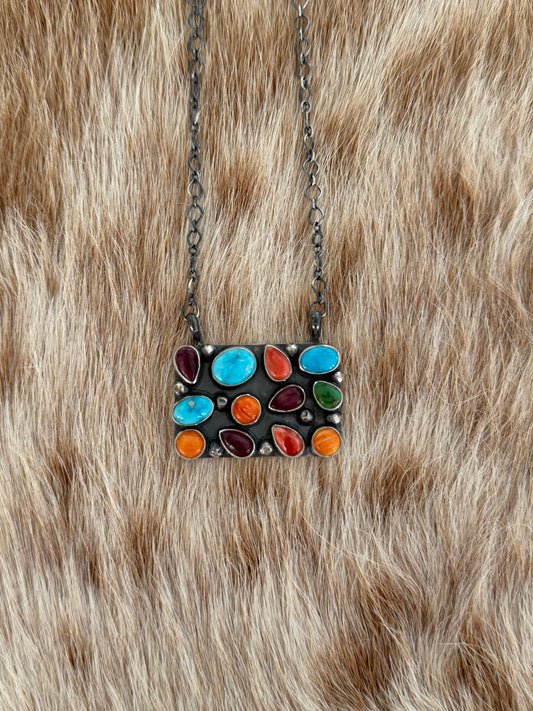 Multi Stone Cluster Bar Necklace