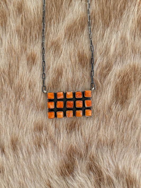 Orange Spiny Oyster Shell Cluster Bar Necklace