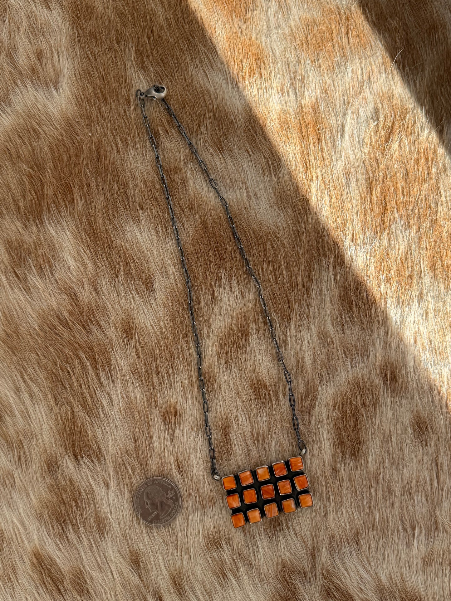 Orange Spiny Oyster Shell Cluster Bar Necklace