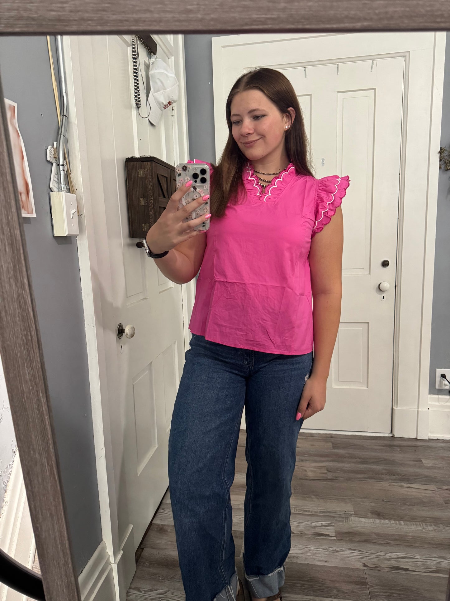 Hot Pink Scallop Trim V Neck Top