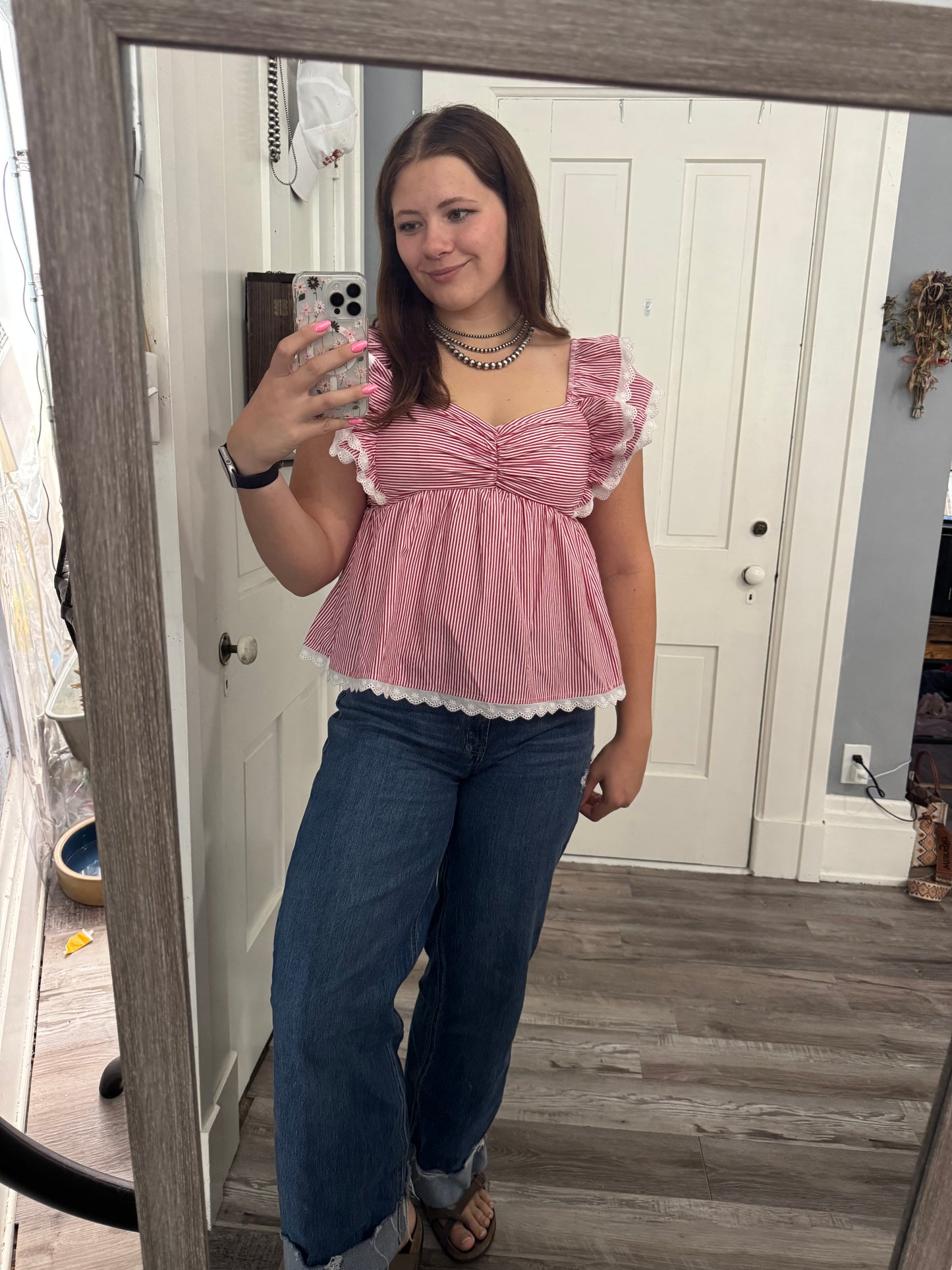 Red and White Striped Ruffle Baby Doll Tee