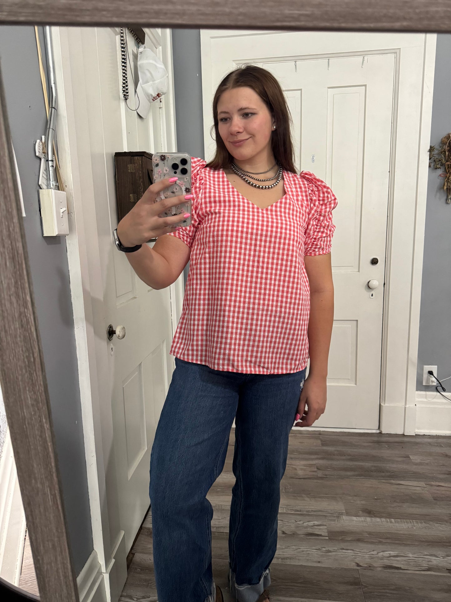 Red and White Gingham Print Puff Sleeve Top