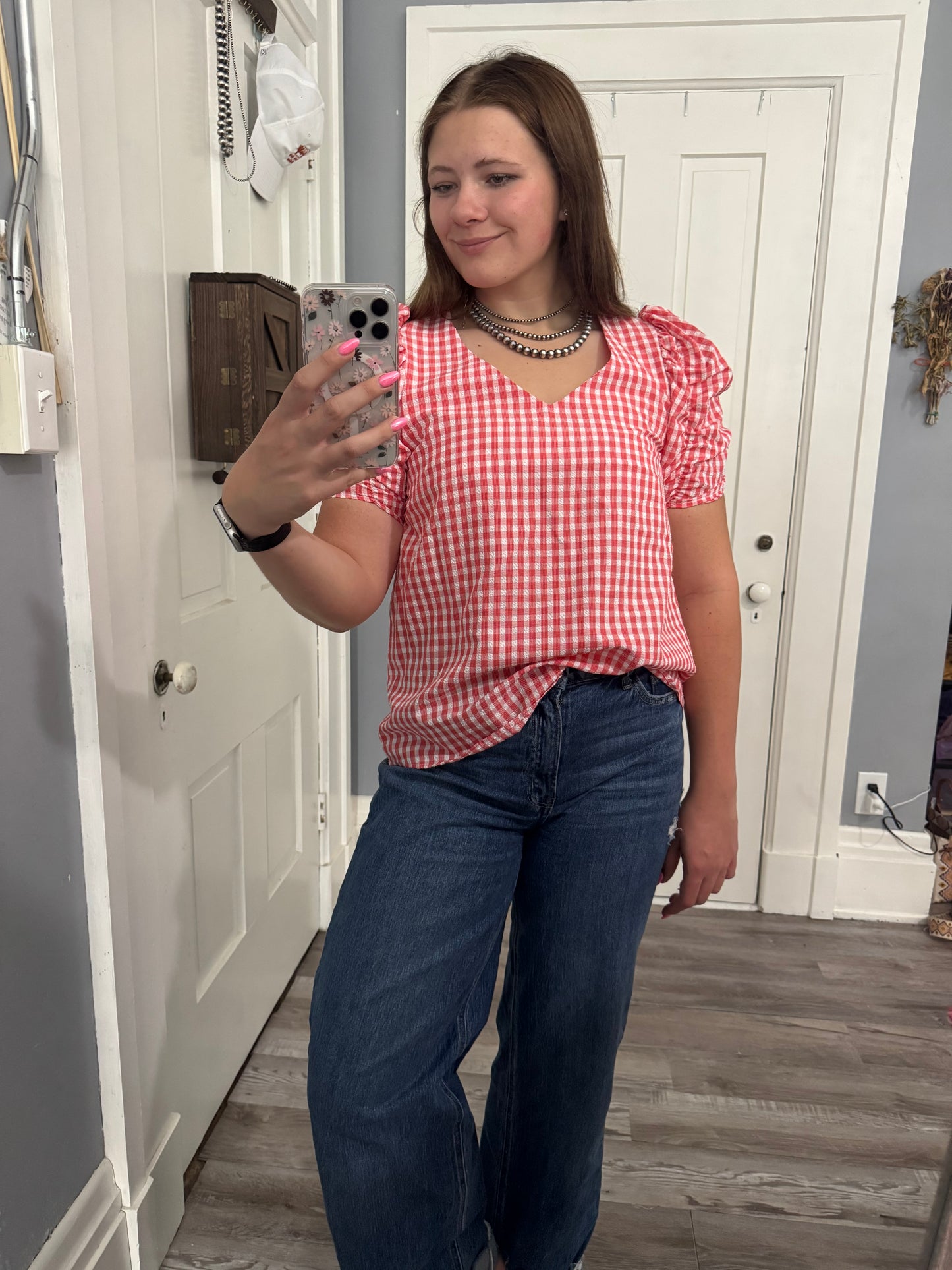 Red and White Gingham Print Puff Sleeve Top