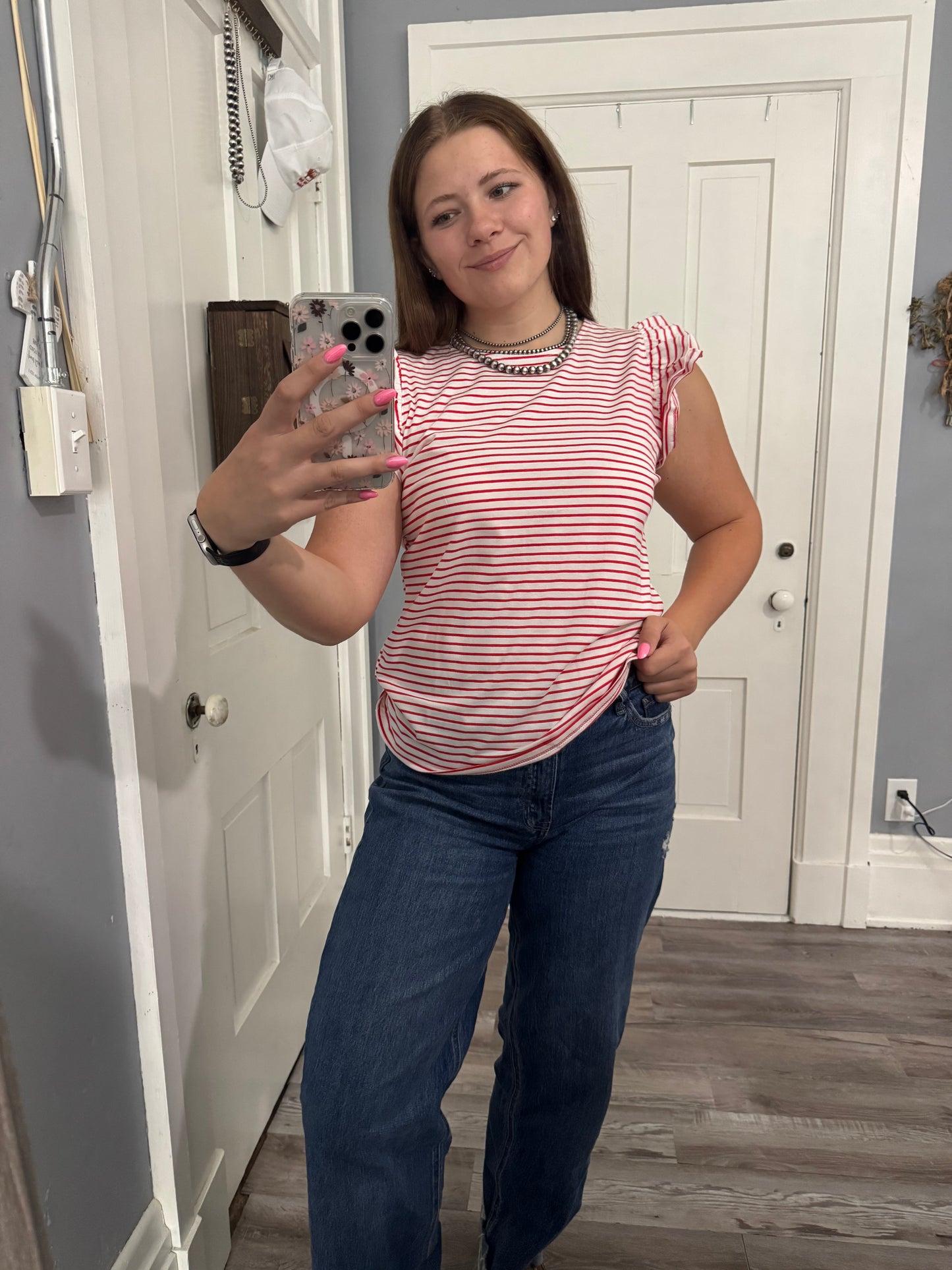 Red and White Striped Ruffle Sleeve Top