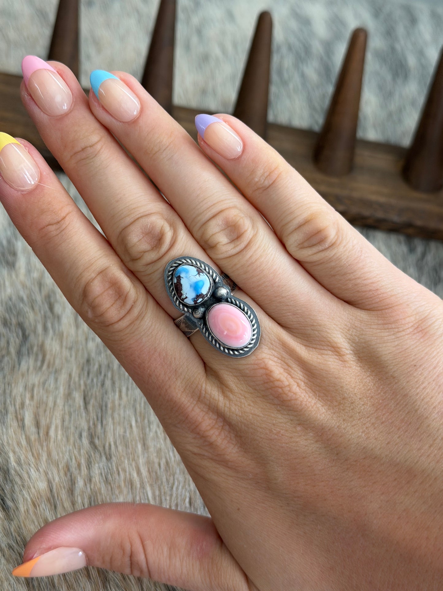 Size 11 Golden Hills Turquoise and Pink Conch Cluster Ring