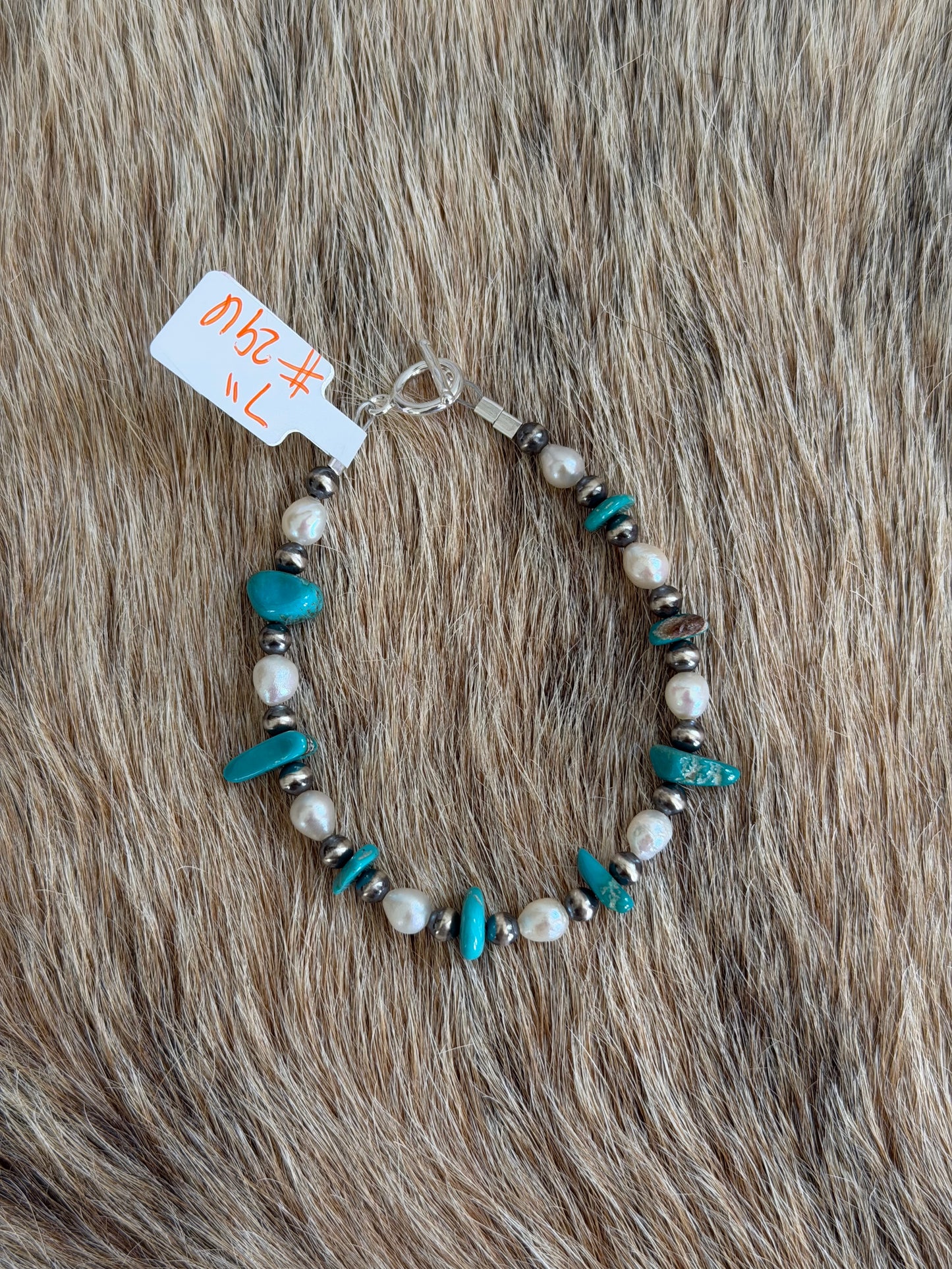 7" Kingman Turquoise and White Freshwater Pearl Bracelet