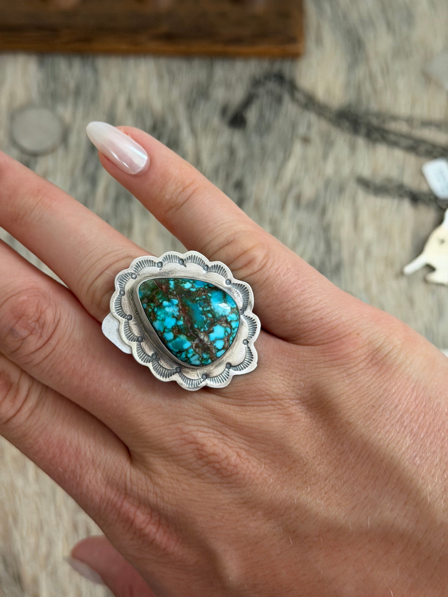 Adjustable Web Kingman Turquoise Ring