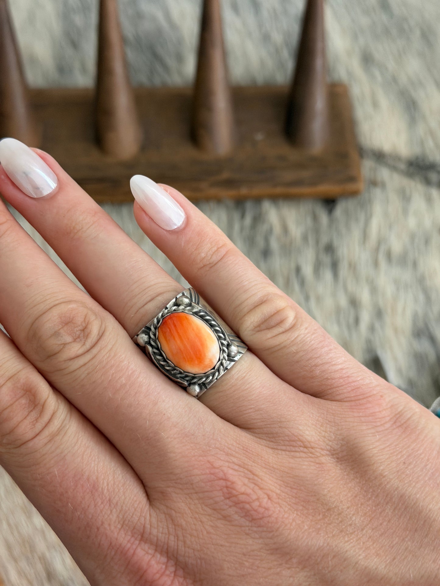 Size 11.5 Orange Spiny Oyster Shell Wide Band Ring