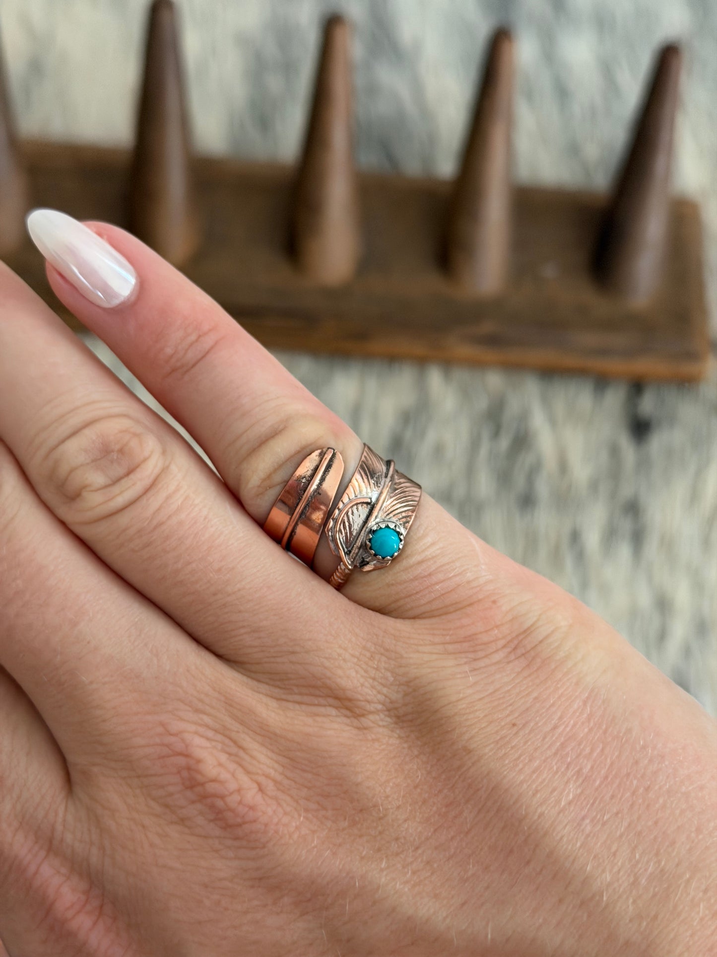 Adjustable Kingman Turquoise and Copper Feather Wrap Ring