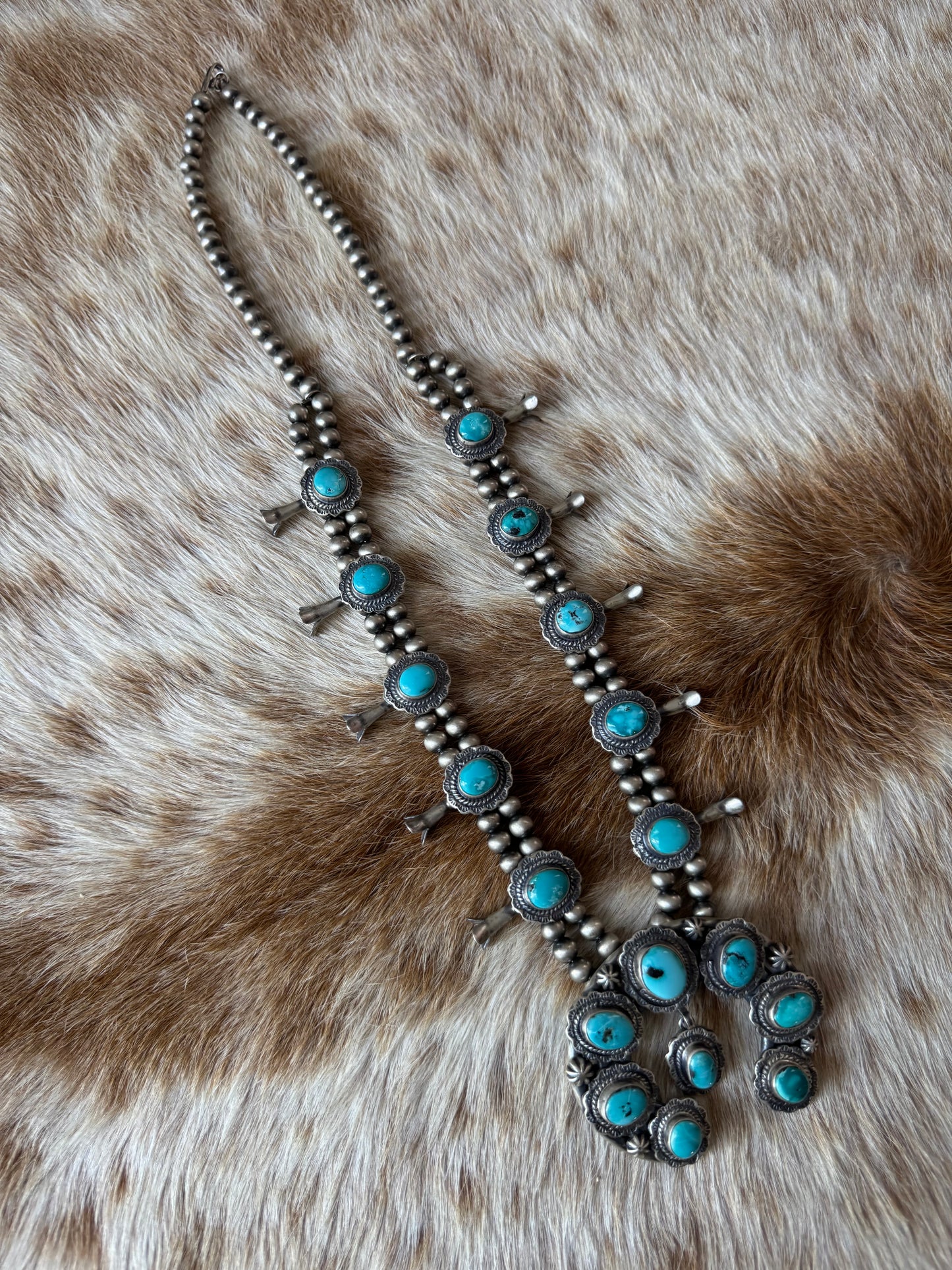 Kingman Turquoise Squash Blossom Necklace with Earrings