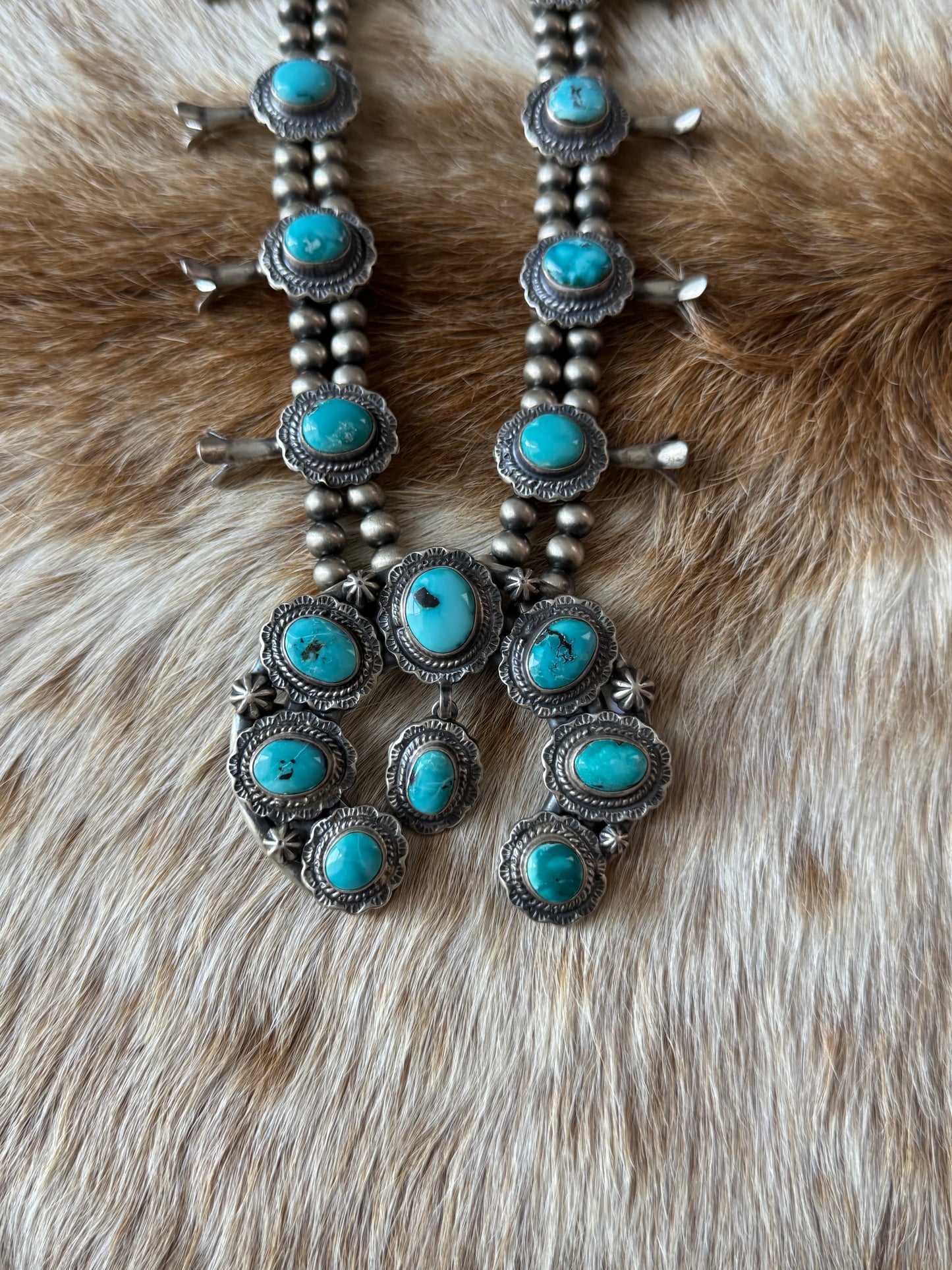 Kingman Turquoise Squash Blossom Necklace with Earrings