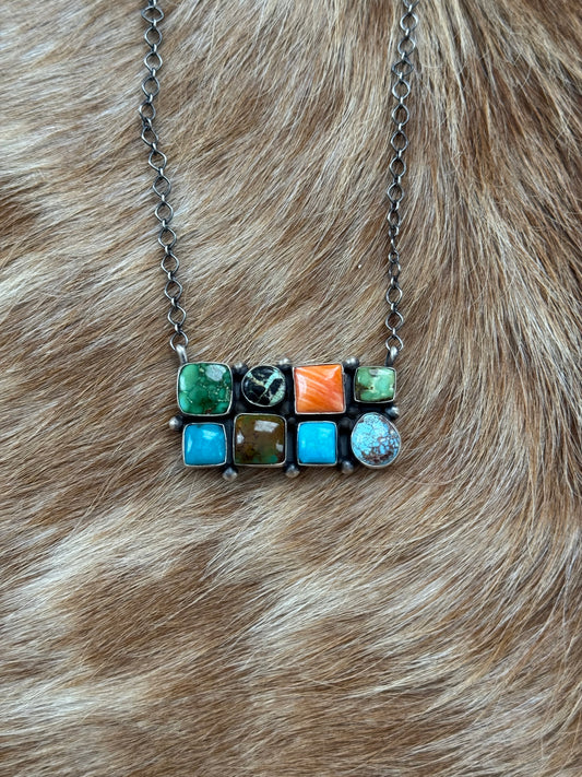 Multi Stone Cluster Bar Necklace