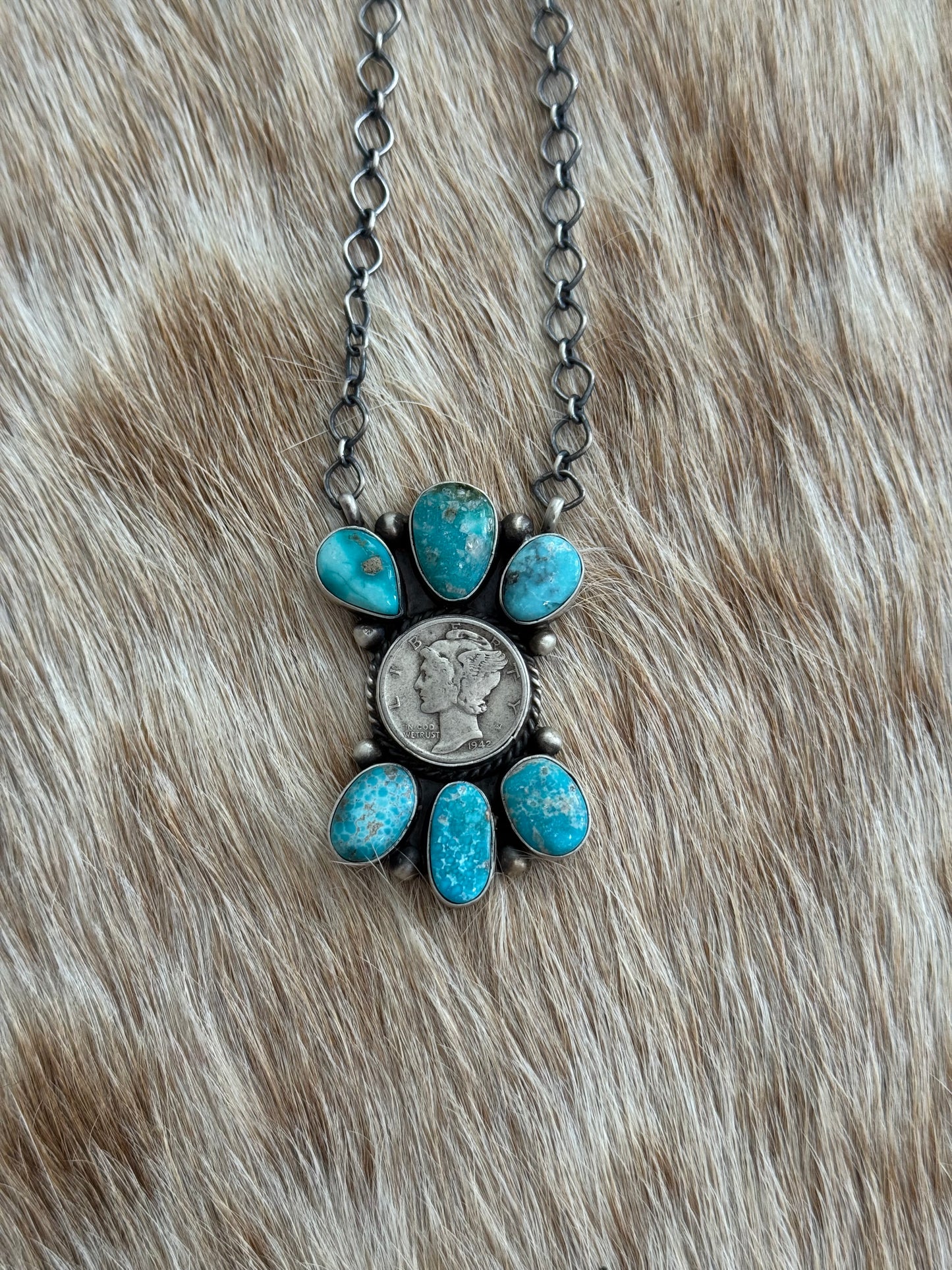 White Water Turquoise Liberty Coin Cluster Necklace