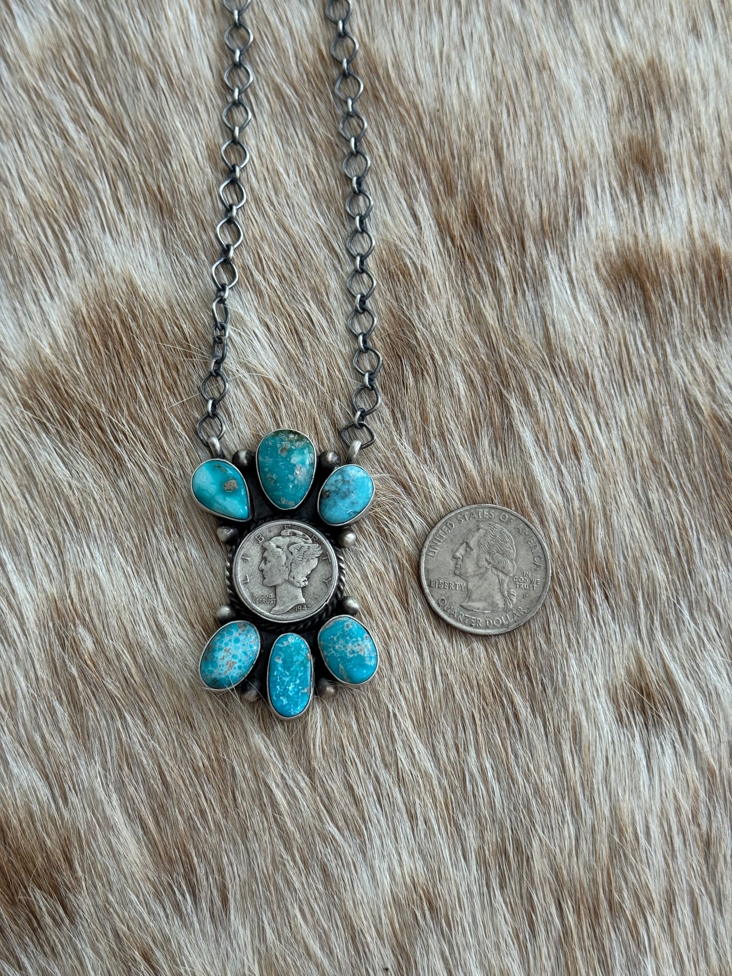 White Water Turquoise Liberty Coin Cluster Necklace