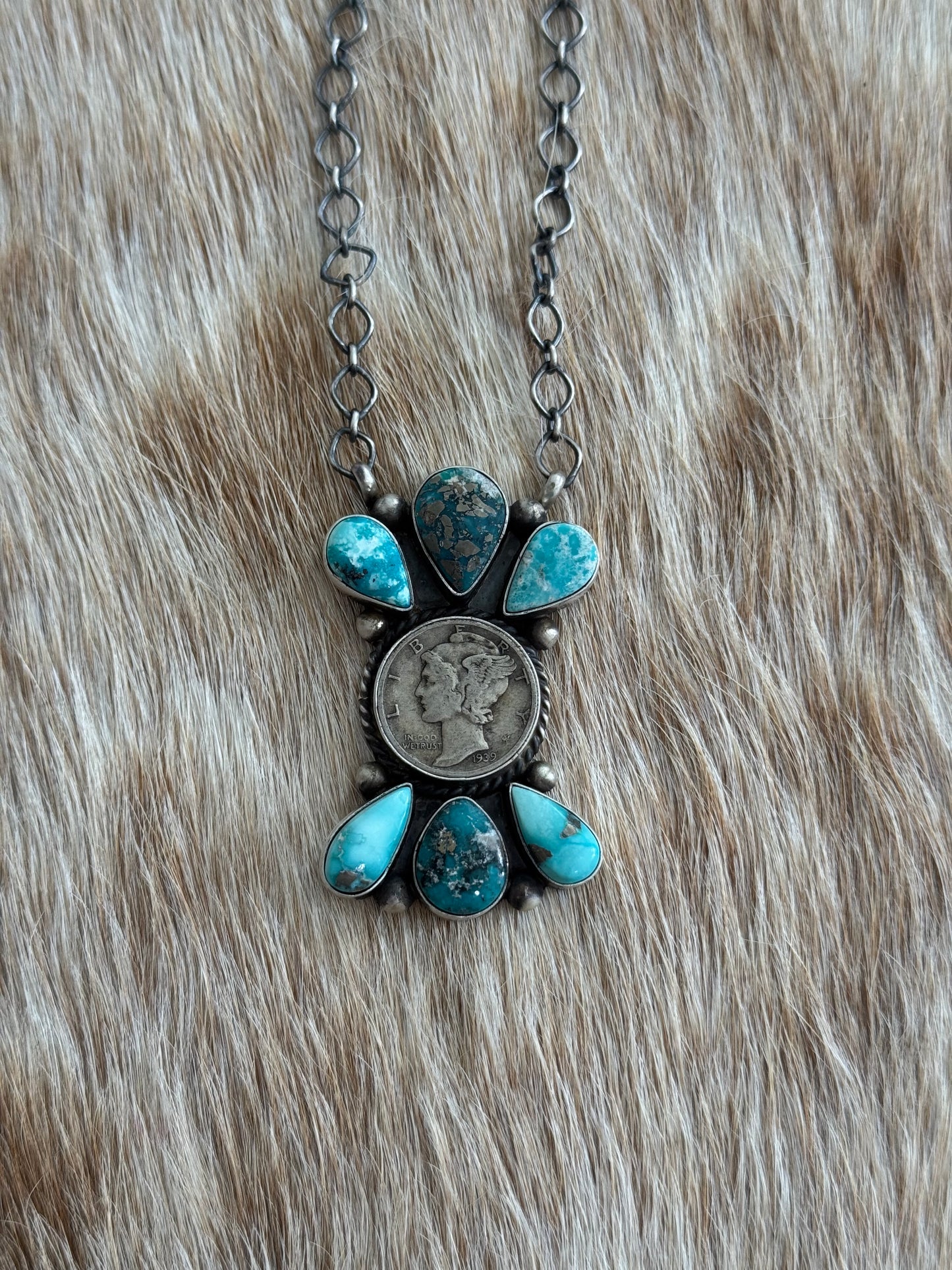 White Water Turquoise Liberty Coin Cluster Necklace