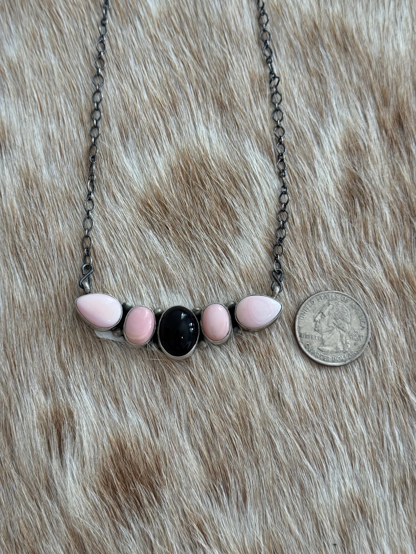 Black Onyx and Pink Conch Cluster Bar Necklace