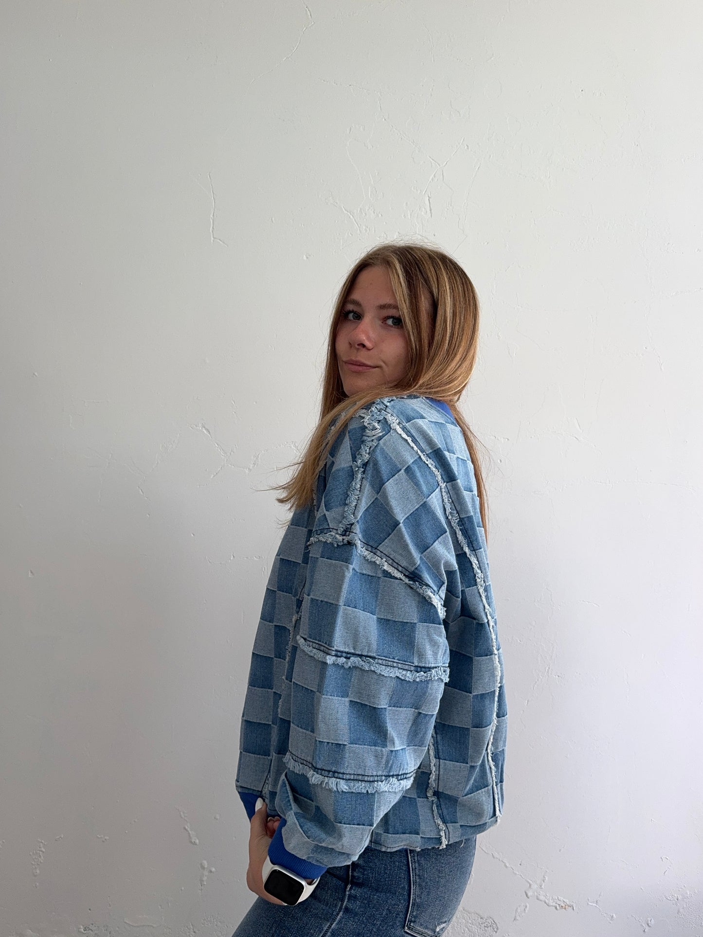 Blue Denim Checkered Crewneck Sweatshirt