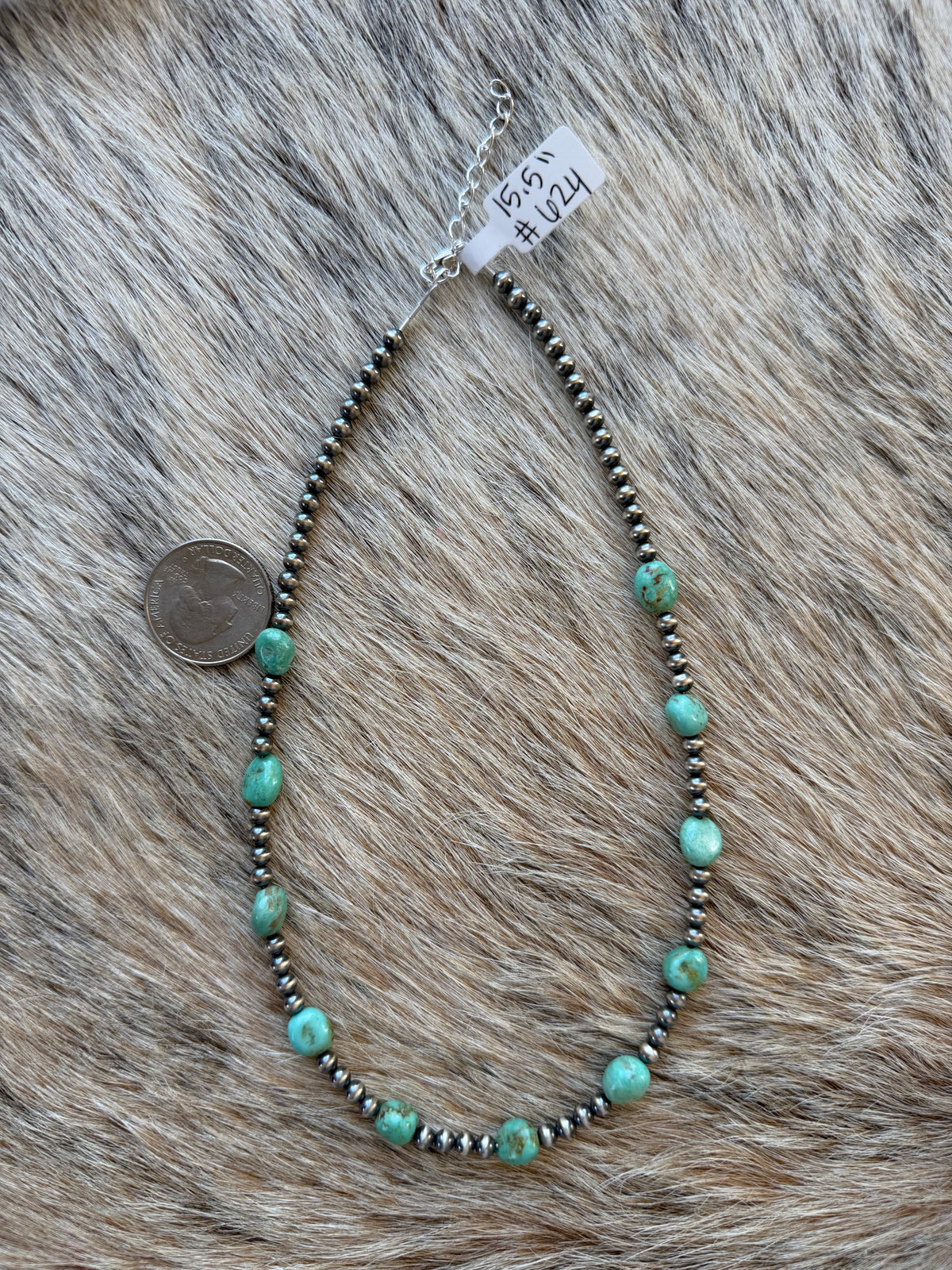 15.5" 4mm Sterling Pearl and Green Turquoise Necklace