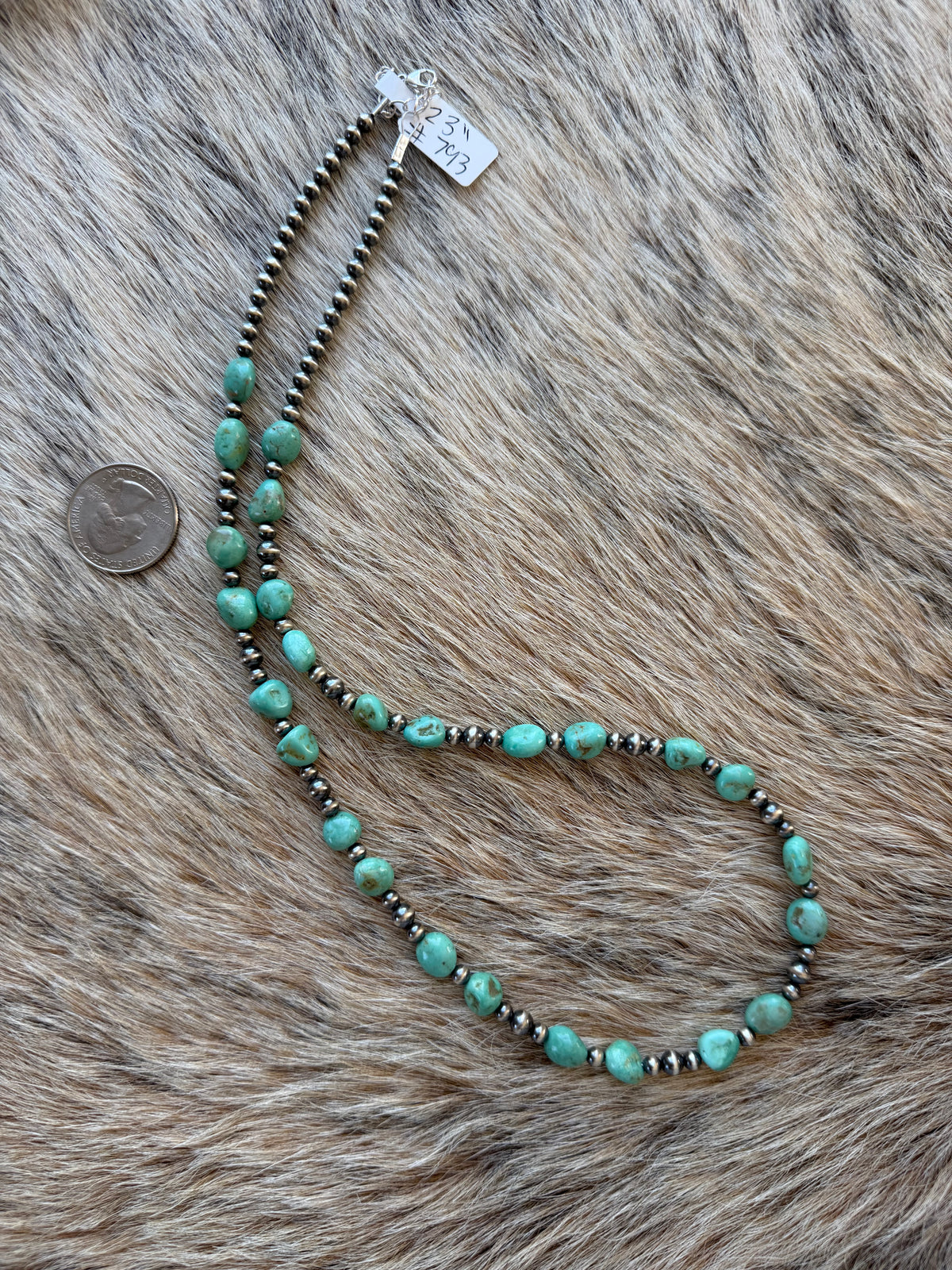 23" 4/5mm Sterling Pearl and Green Turquoise Necklace