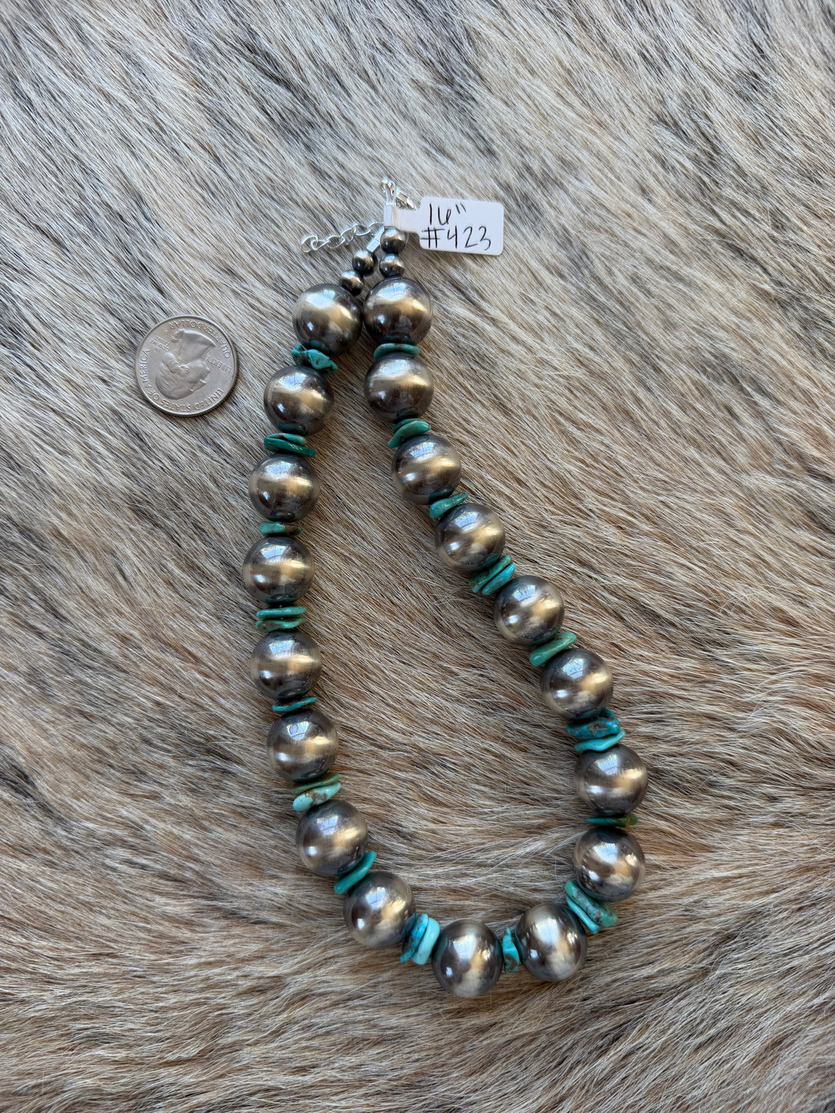 16" 16mm Sterling Pearl and Turquoise Necklace