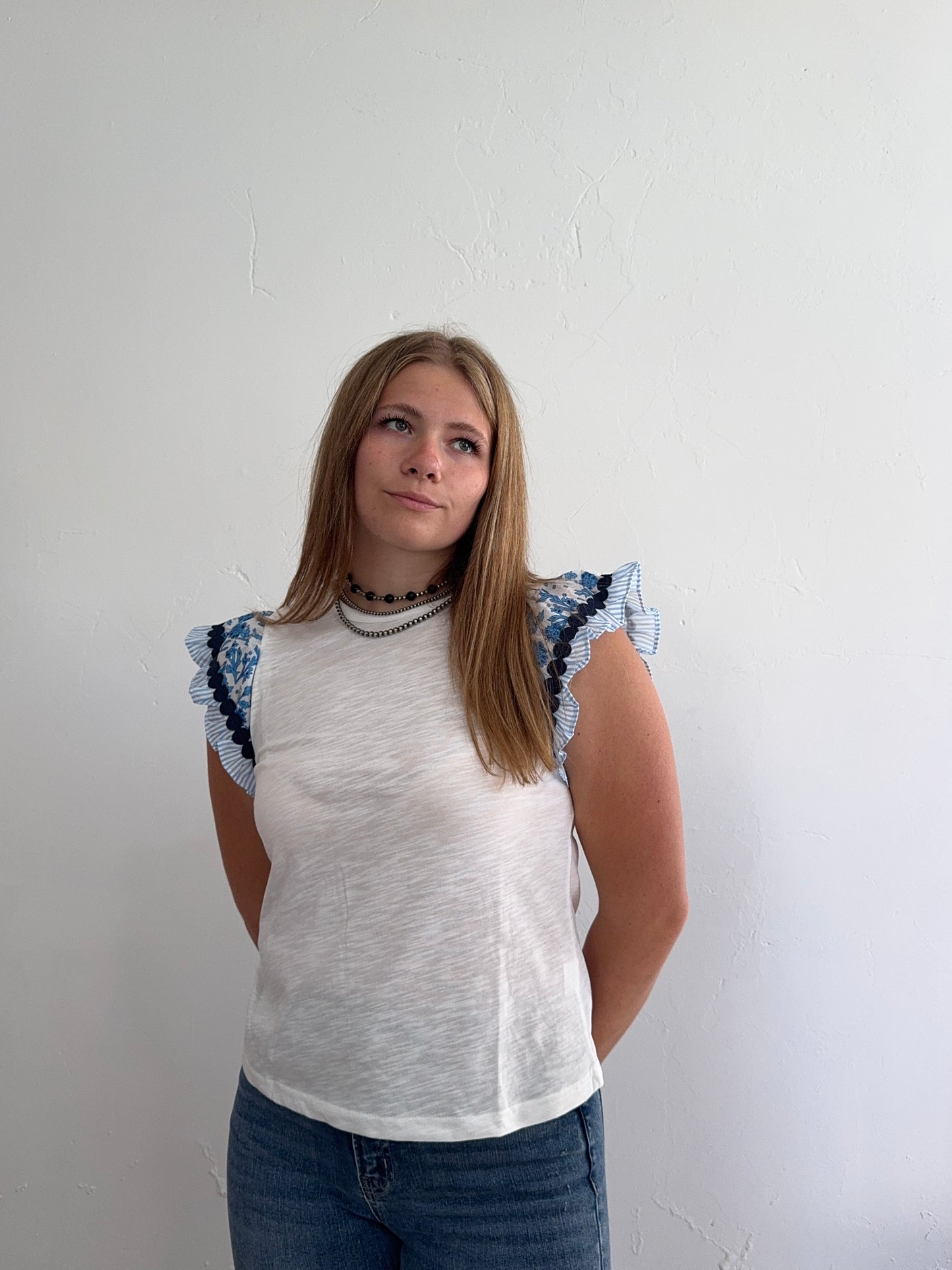 White and Blue Ruffle Sleeve Tee