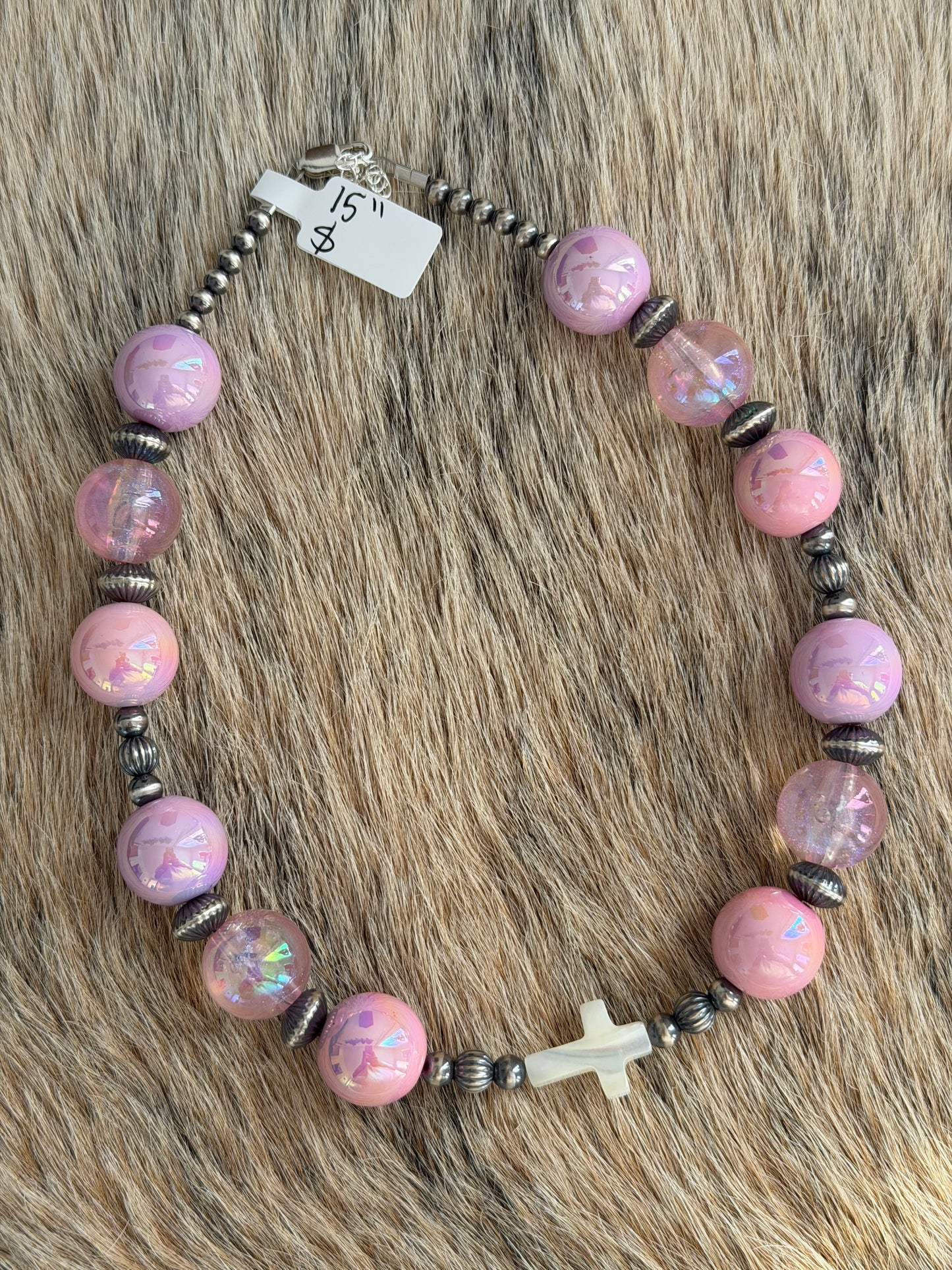 15" Pink Chunky Cross Necklace