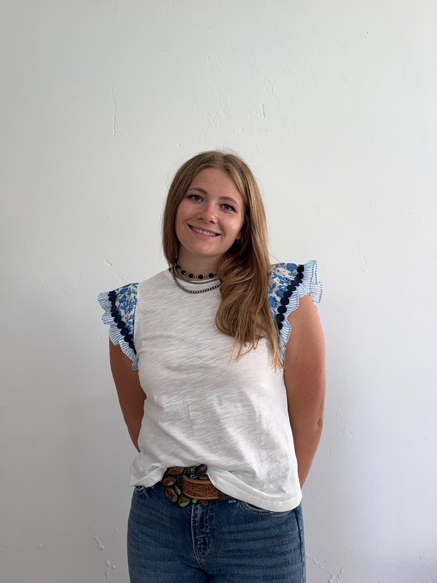 White and Blue Ruffle Sleeve Tee