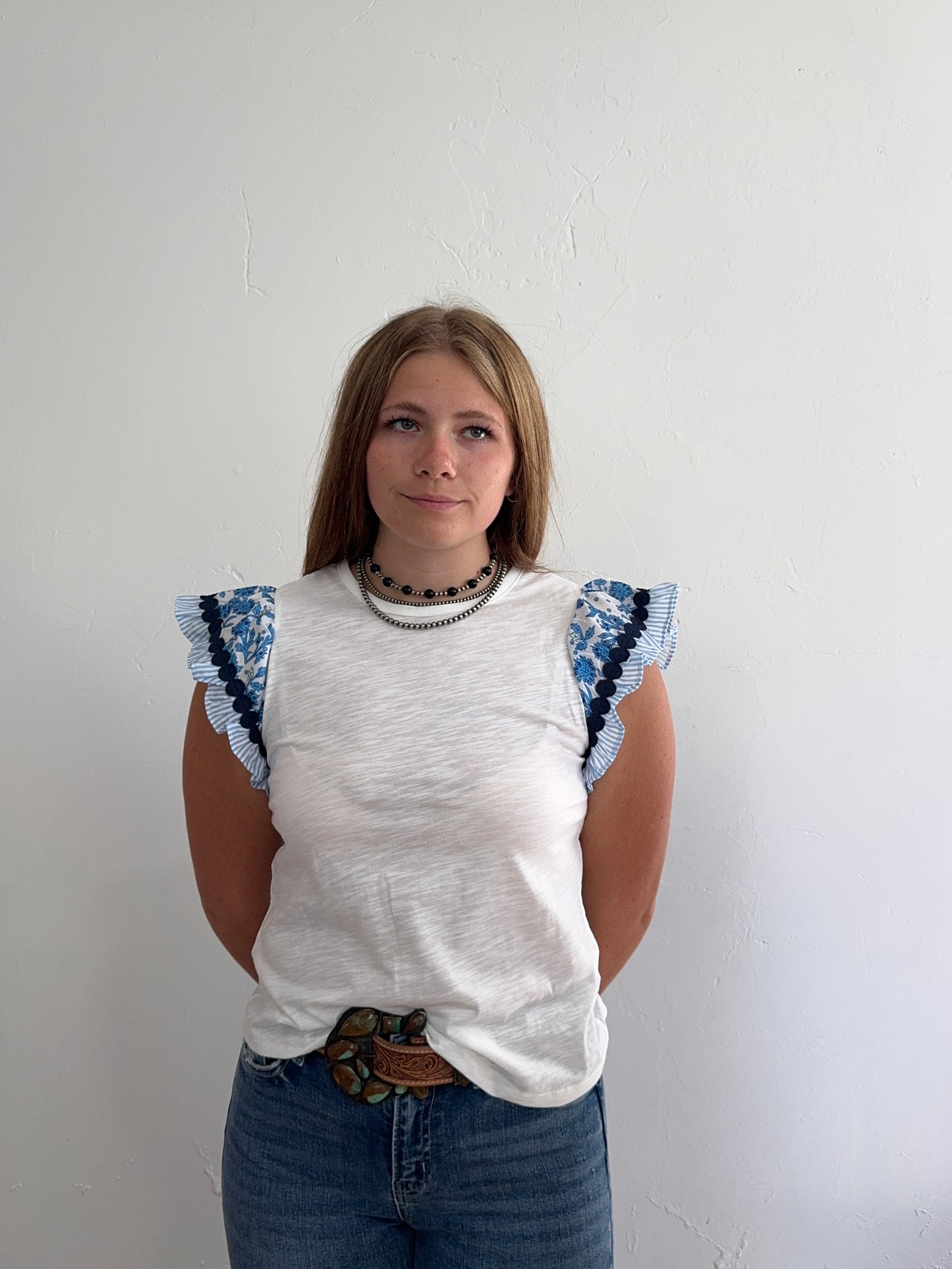 White and Blue Ruffle Sleeve Tee