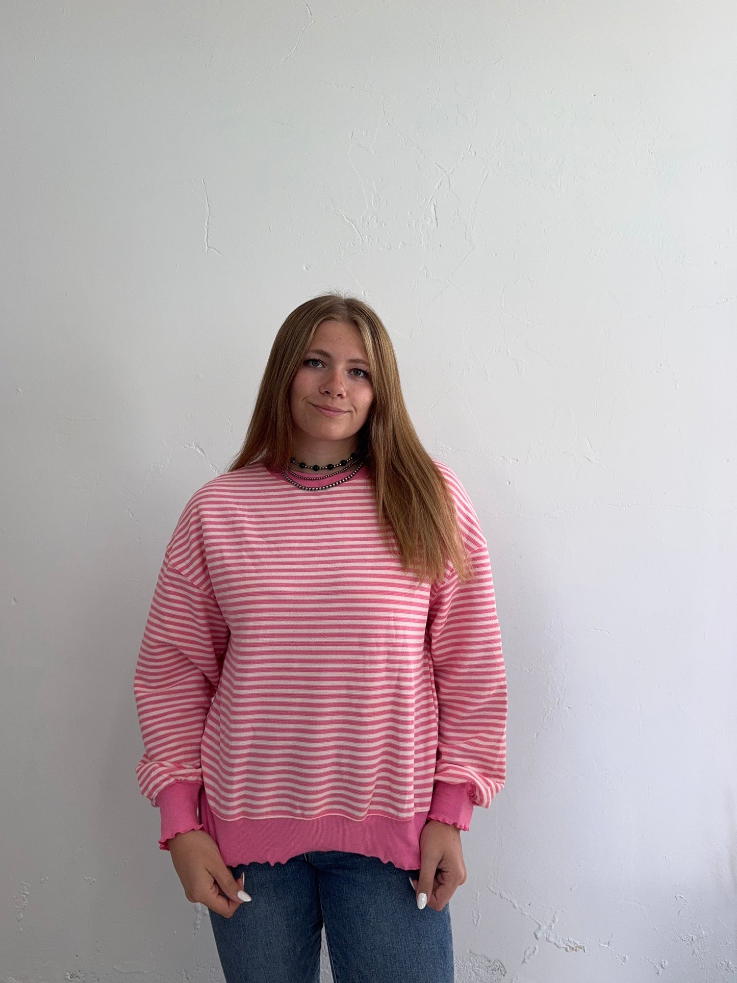Pink Striped Crewneck Sweatshirt