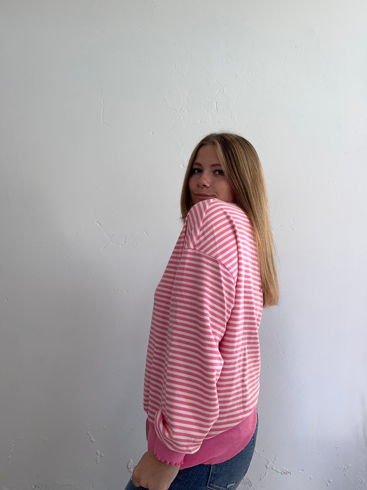 Pink Striped Crewneck Sweatshirt