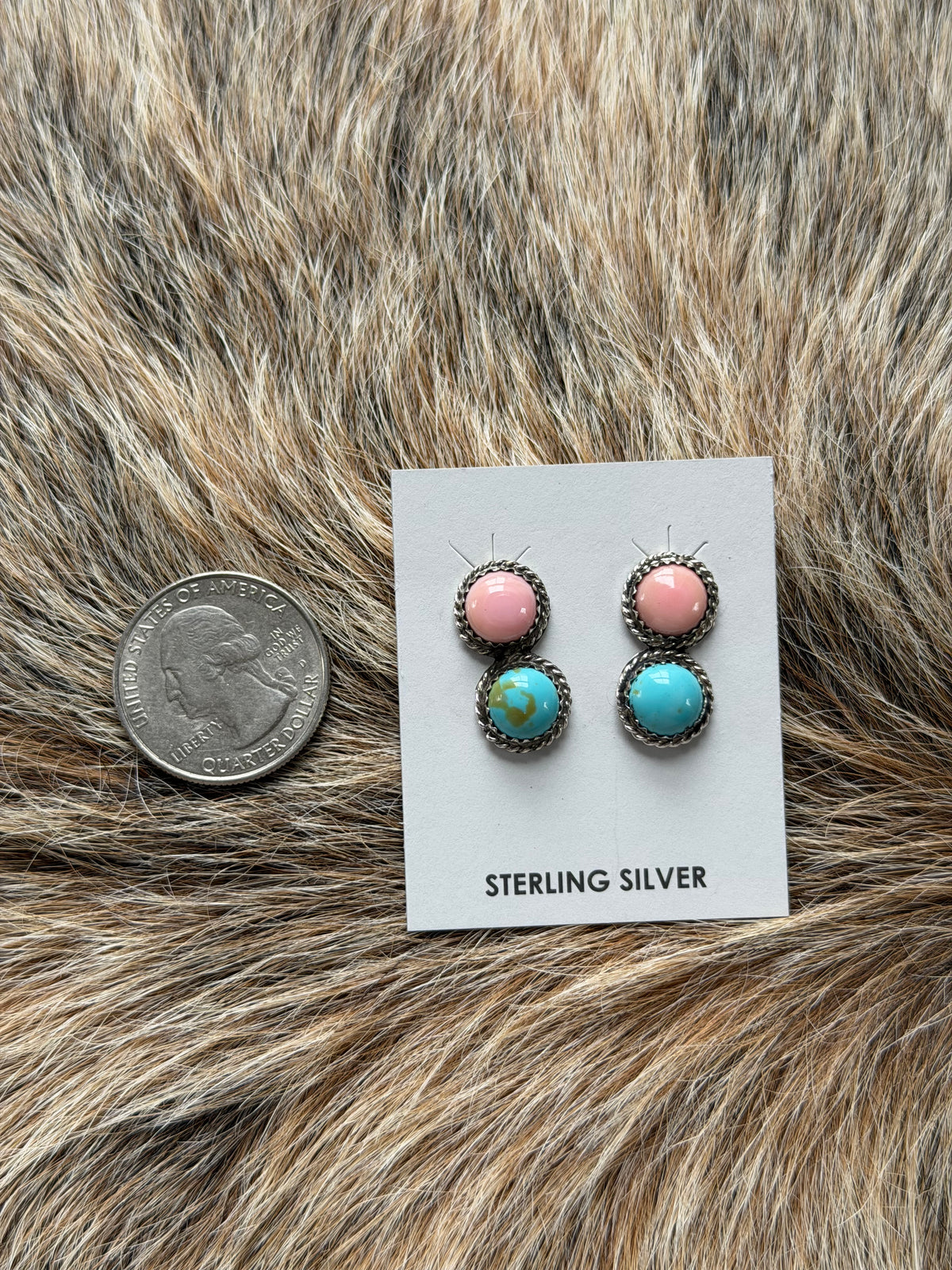 Pink Conch and Kingman Turquoise Two Stone Earrings