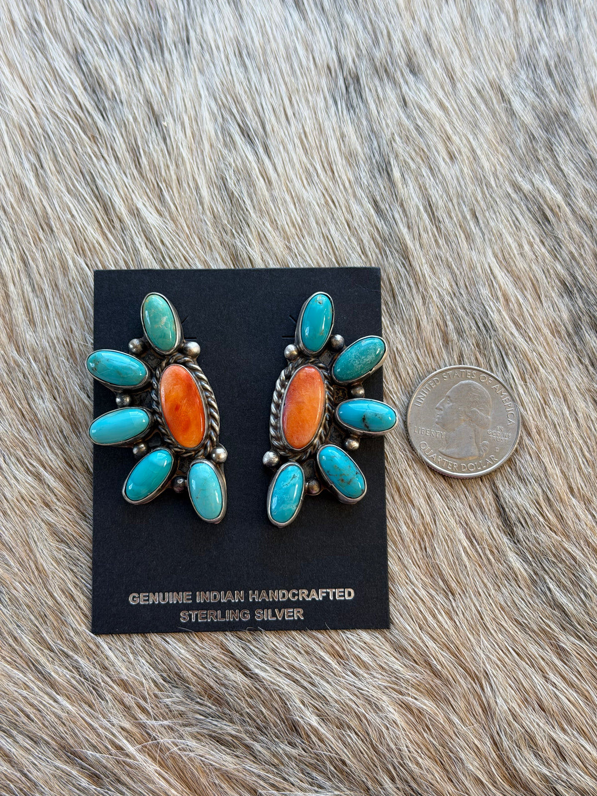 Turquoise and Orange Spiny Cluster Earrings