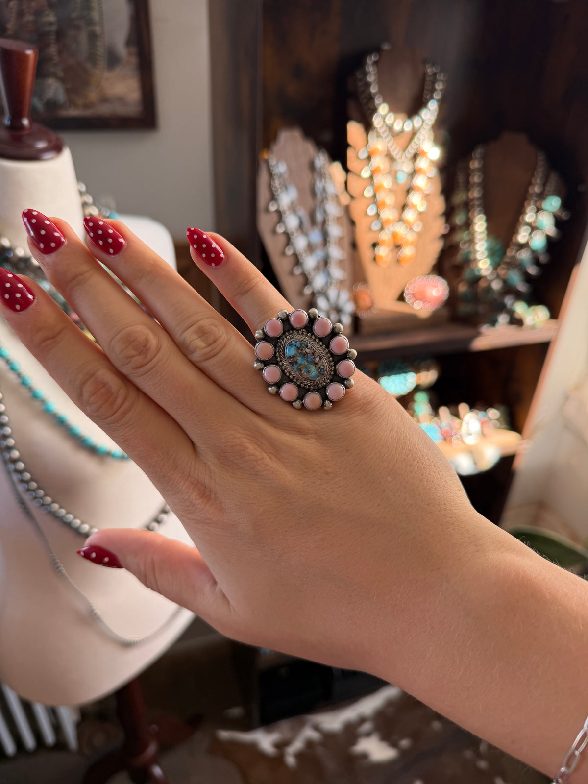 Adjustable Size 6-9 Pink Conch and Golden Hills Turquoise Cluster Ring