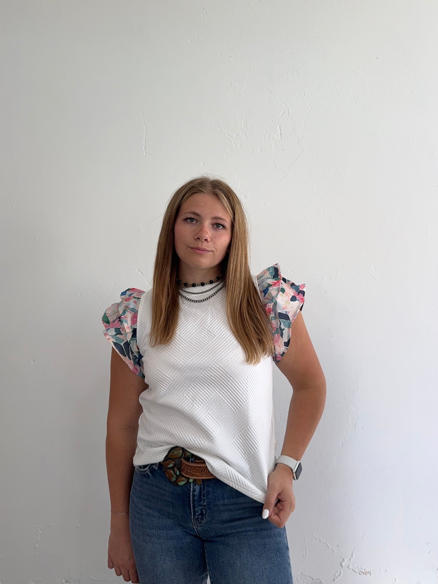 White and Floral Ruffle Sleeve Top