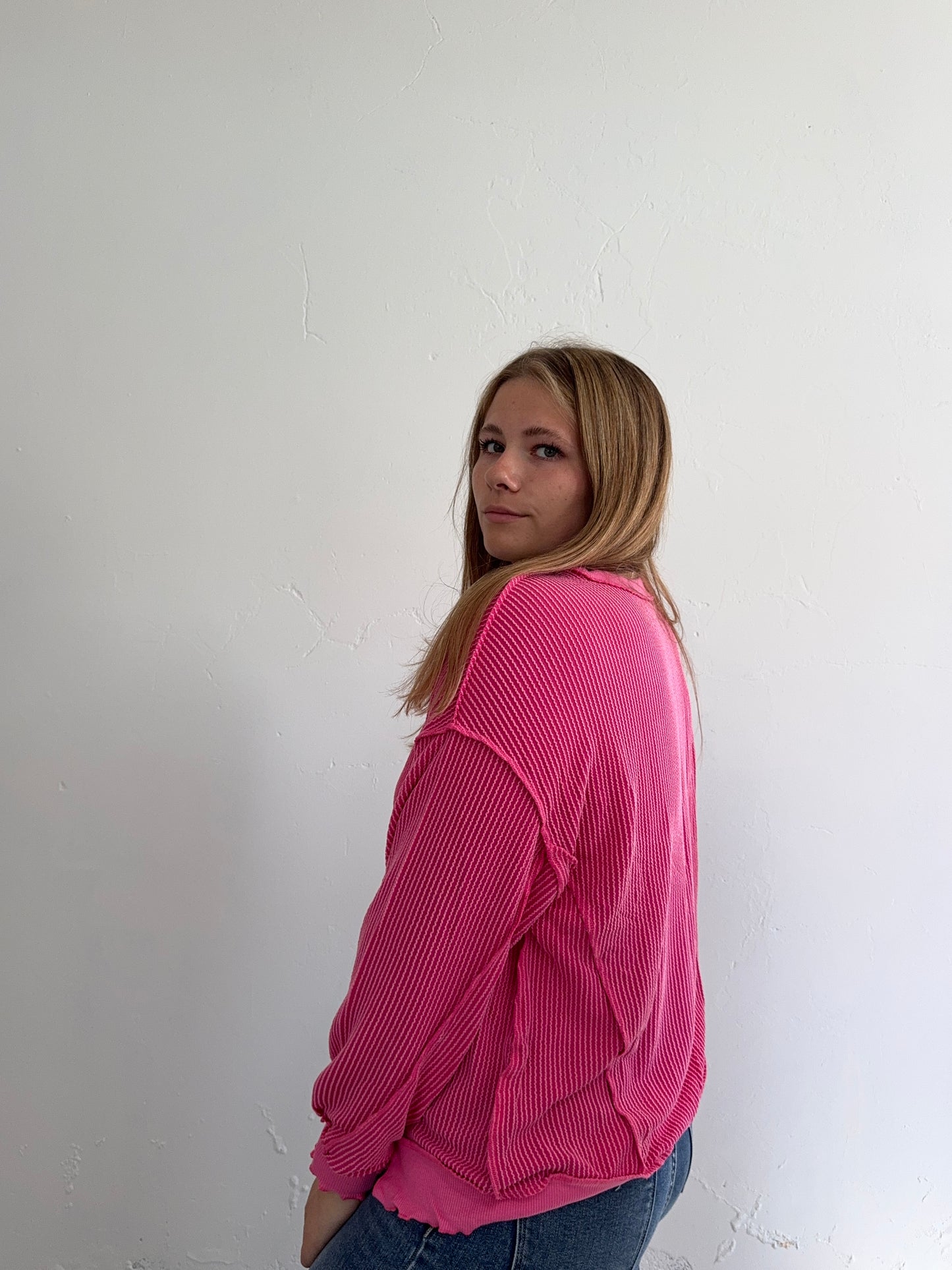 Hot Pink Ribbed Long Sleeve Top